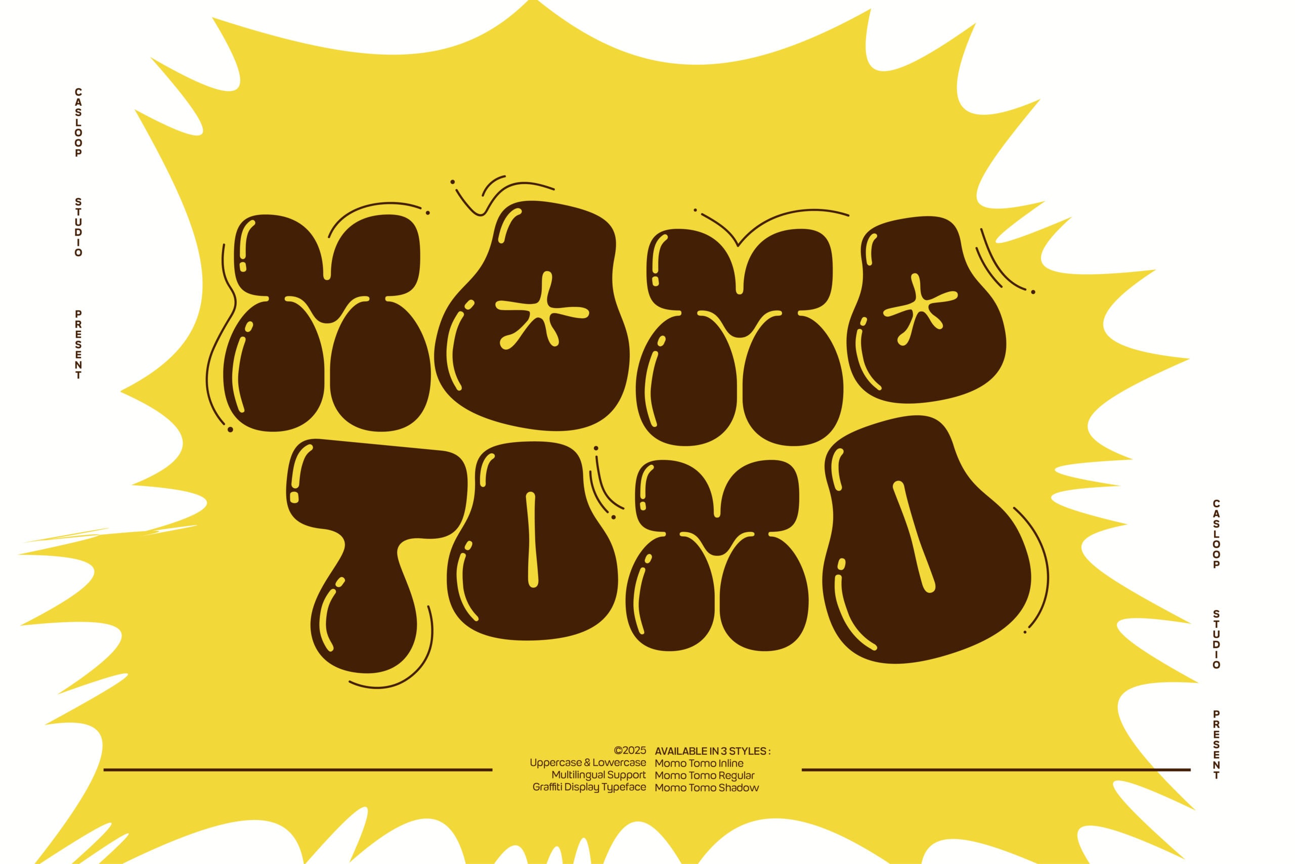 Momo Tomo graffiti typeface in bold brown letters on bright yellow starburst background