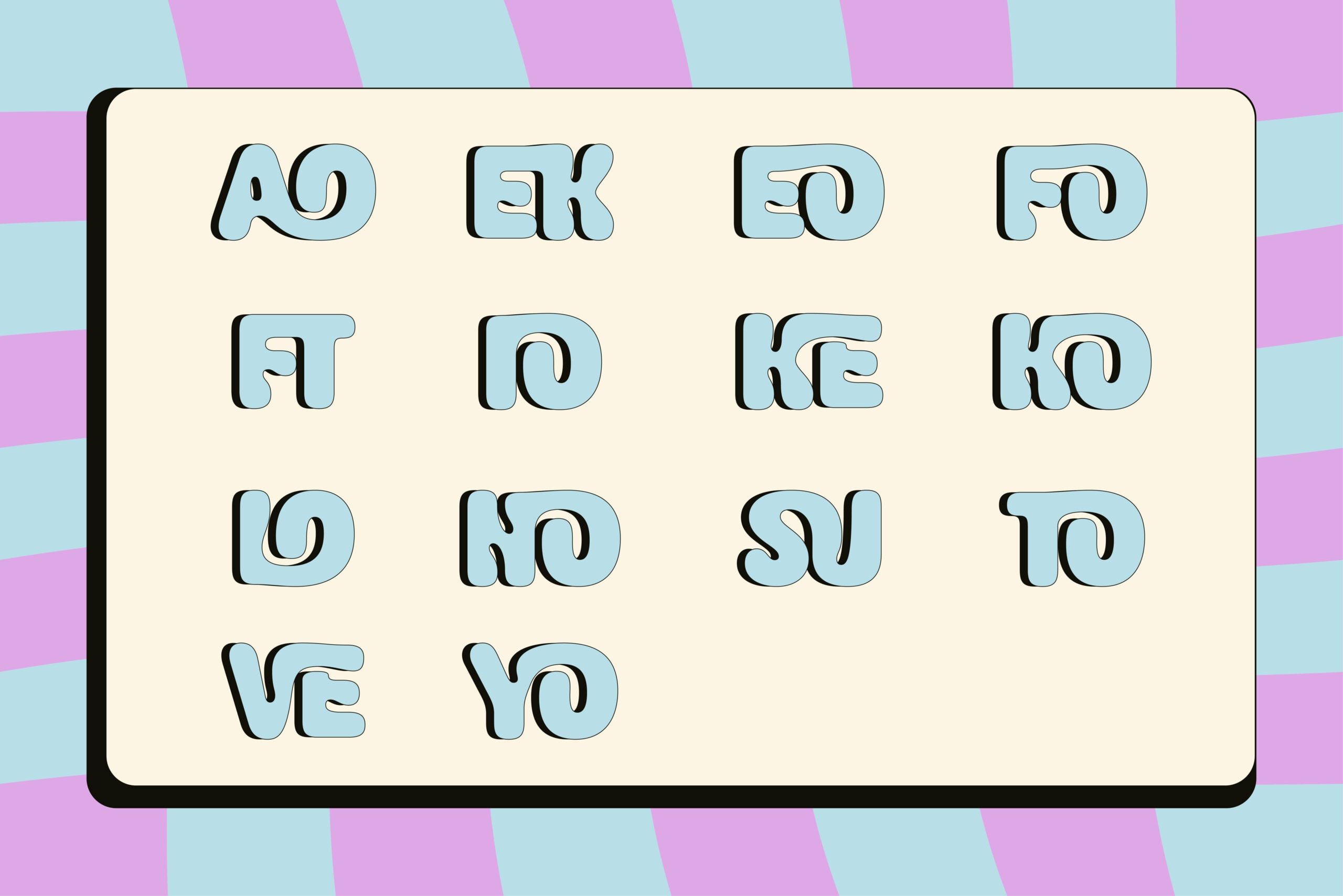 Retro rounded font display showing full alphabet with light blue fill on cream board