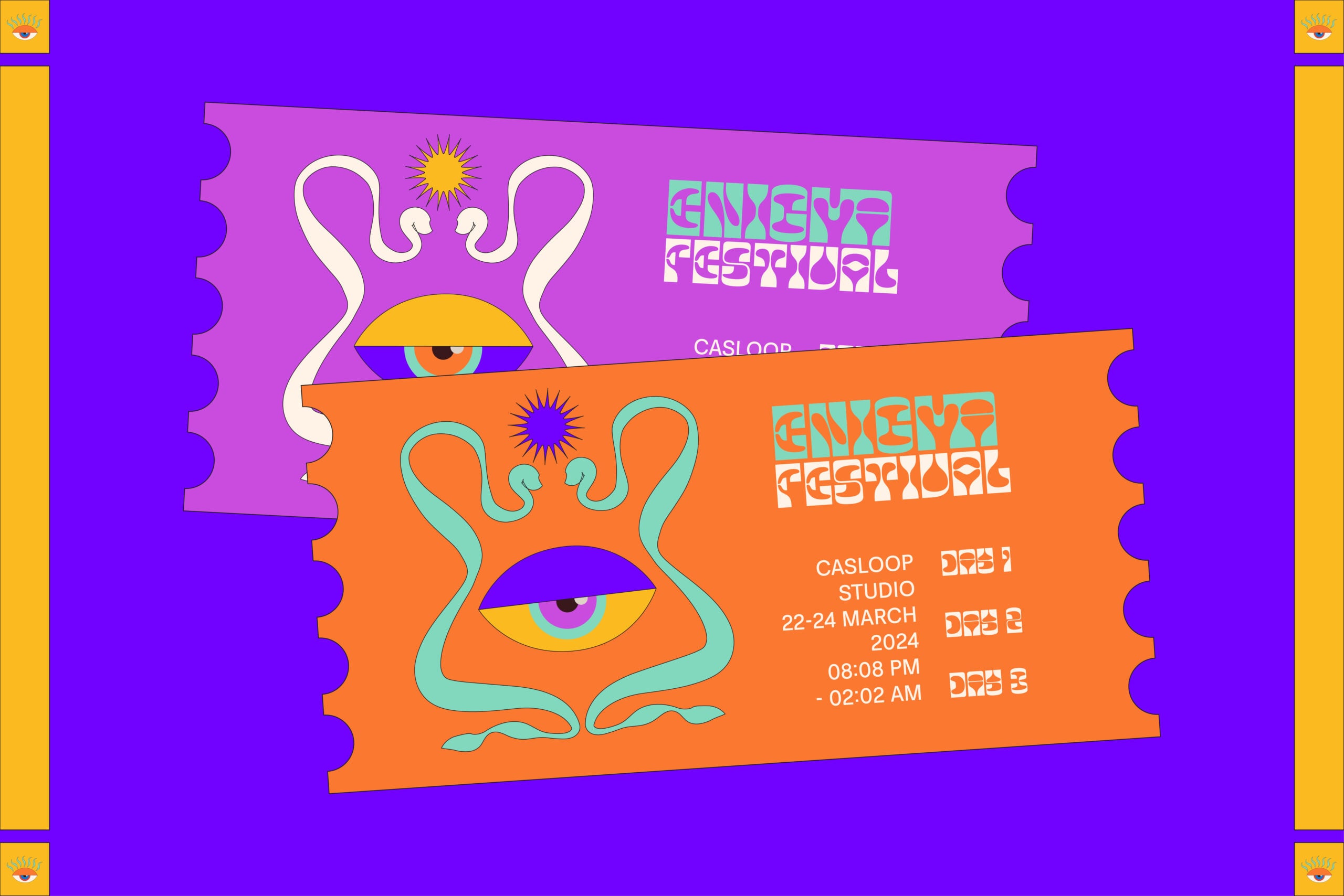 Vibrant event poster mockup with neon eyes, tentacles, retro typography on pink orange backgrounds