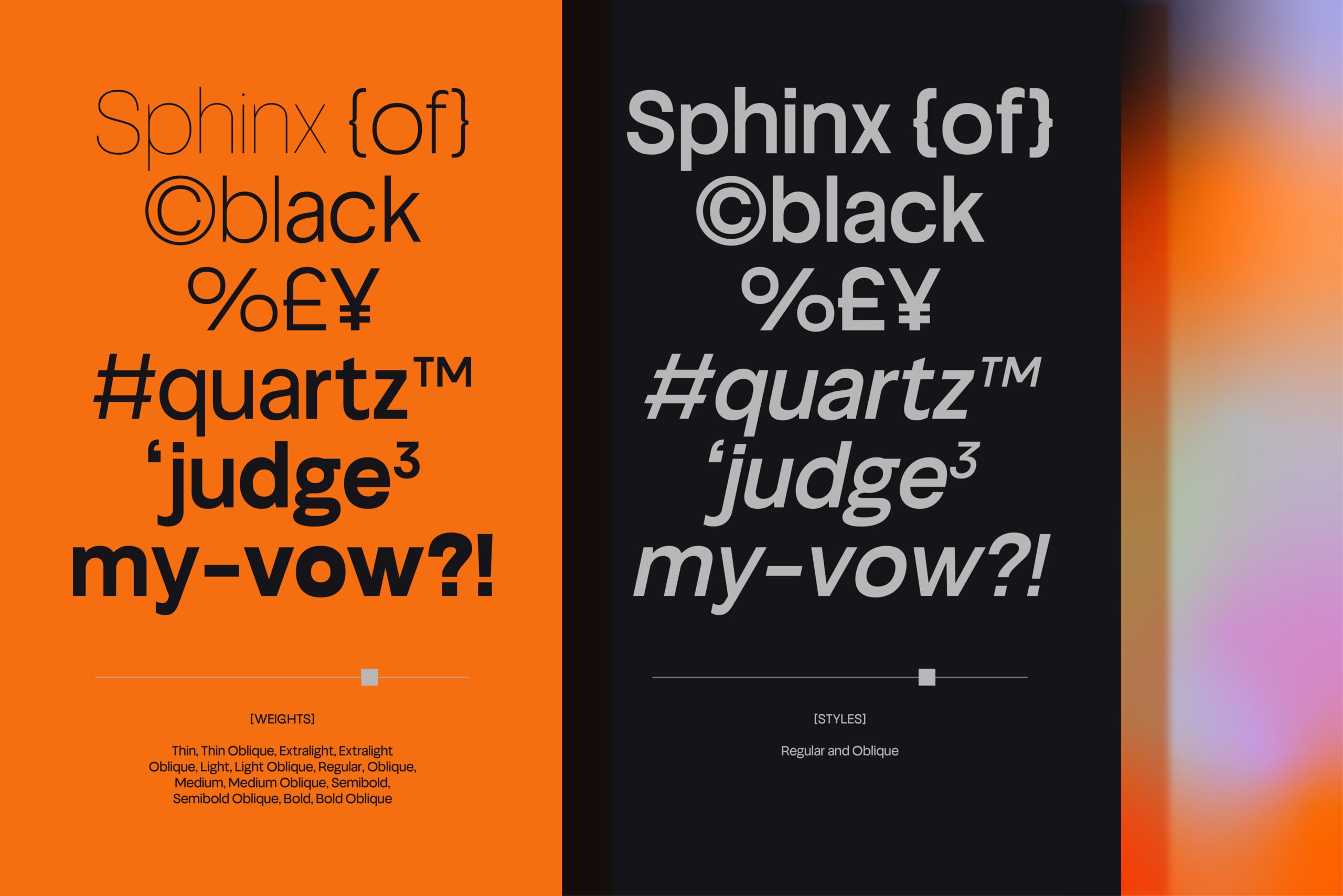 Sphinx font family shown in multiple weights on orange plus black background