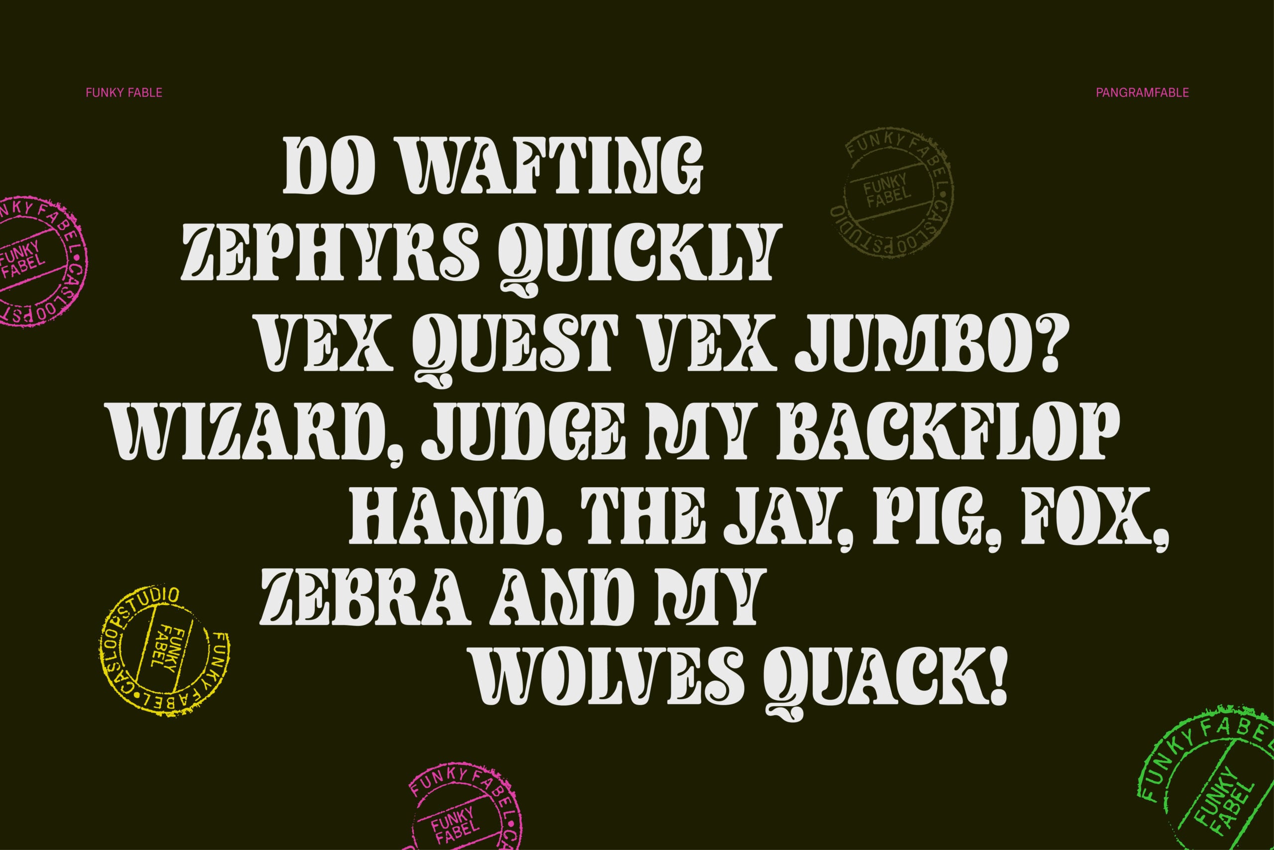 Chunky serif font displaying pangram text on olive background with colorful circular stamps