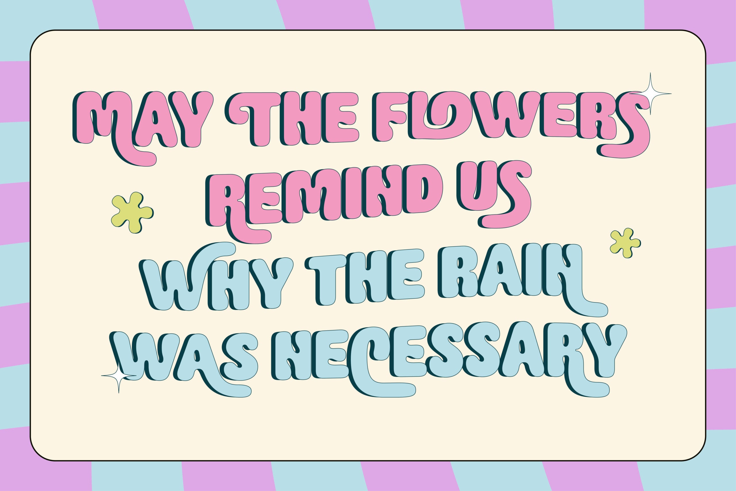 Retro groovy typography graphic with pink, blue, yellow text on striped background