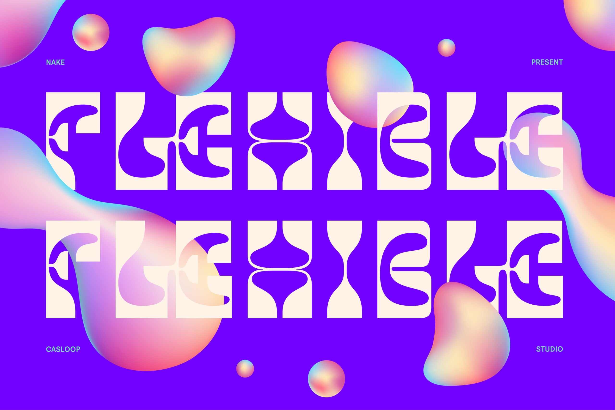 Vibrant purple background with gradient blobs, modular typeface in cream with purple curves
