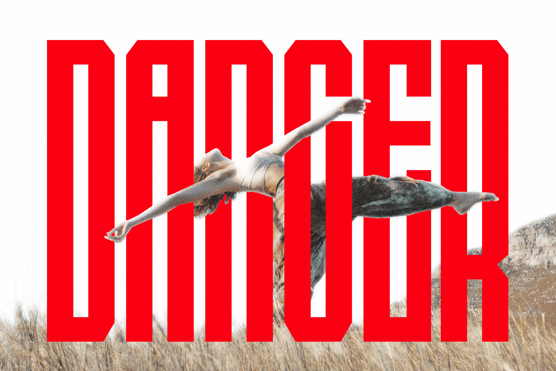 Shirtless guy diving horizontally across bold red block letters over desert landscape