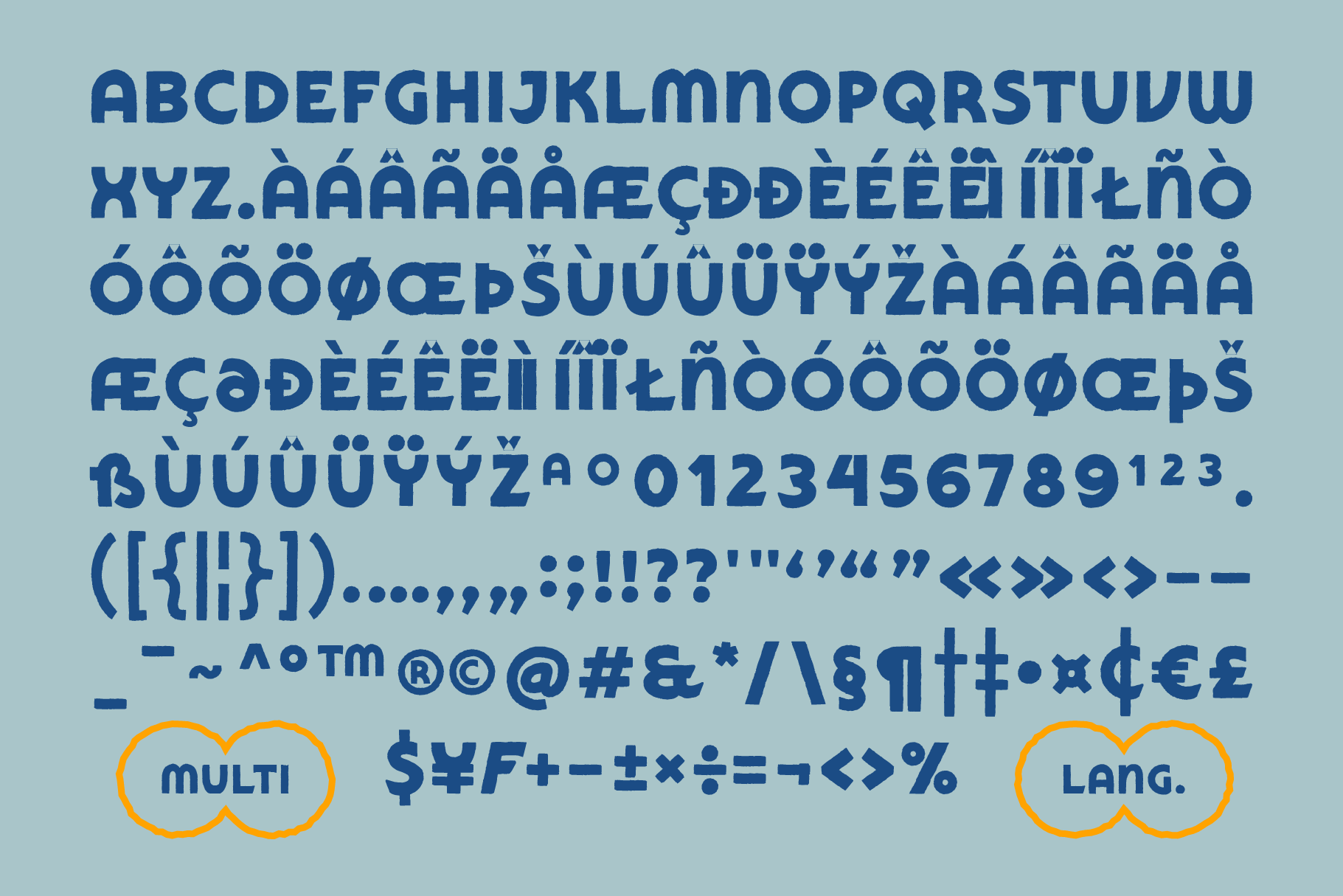 Bold sans serif font with multilingual support, international characters, numerals plus symbols on soft blue background