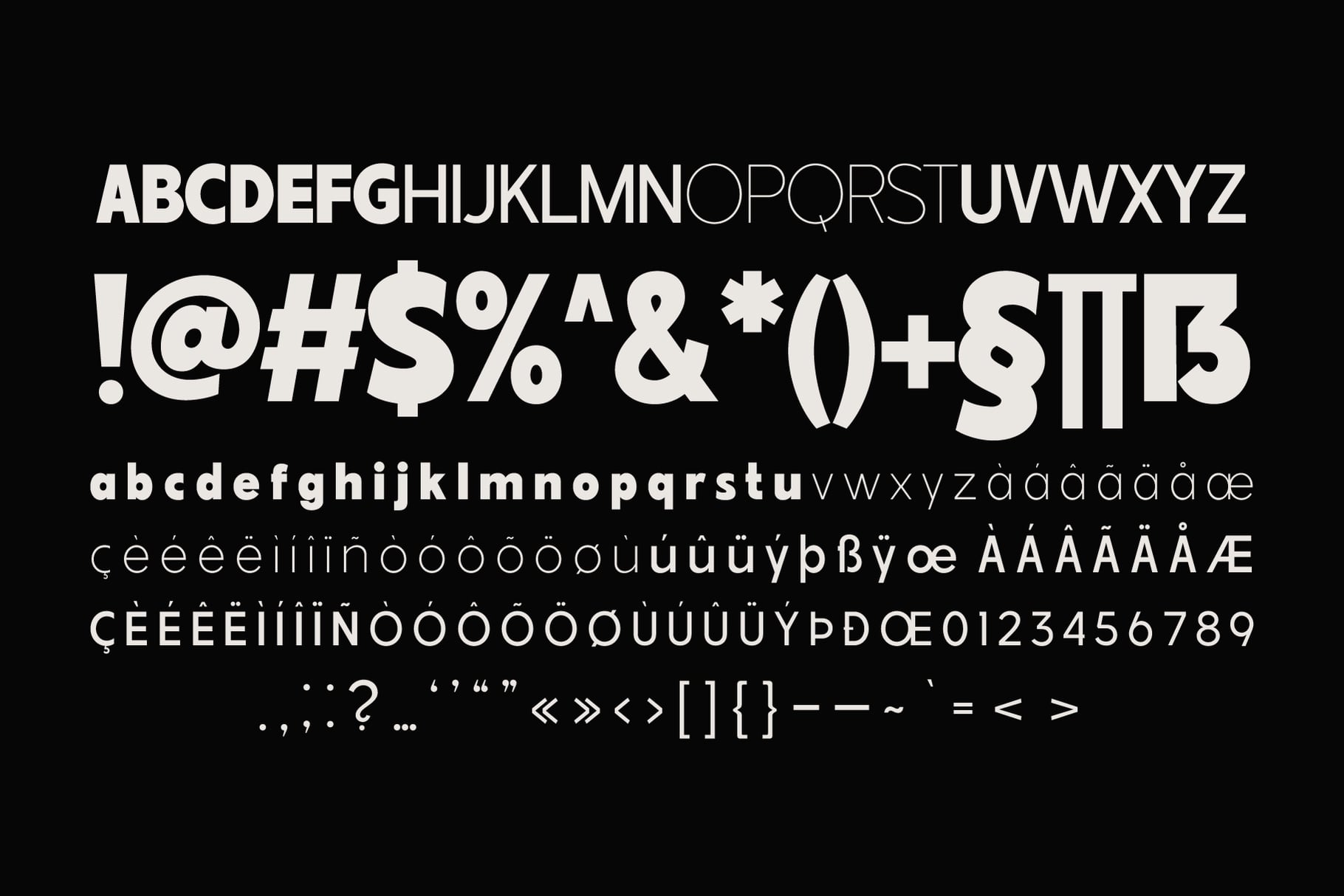 Modern sans serif font showing full character set with international accents on black background