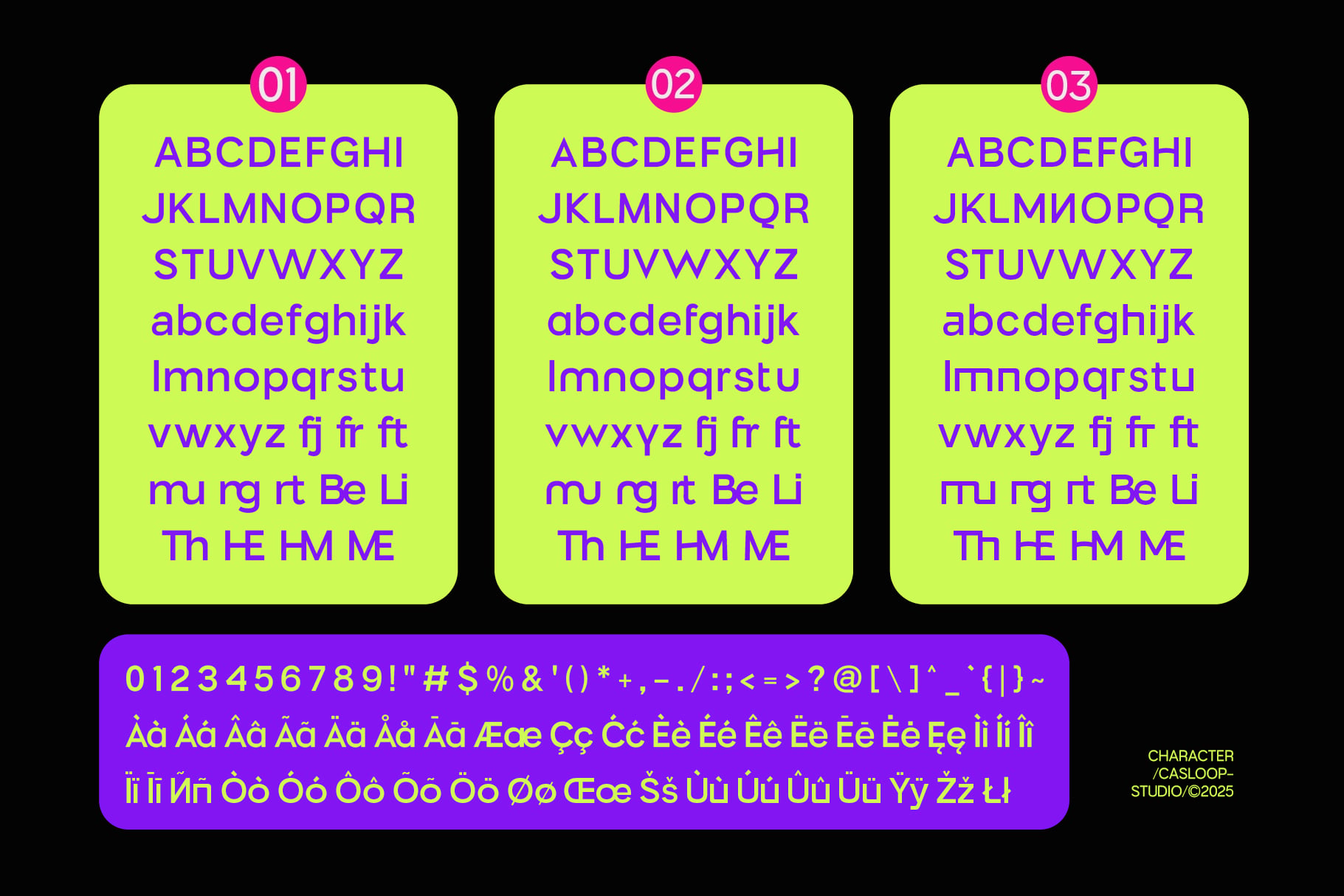Three font weight variations with neon lime cards showing purple typeface with numbers, symbols, ligatures below