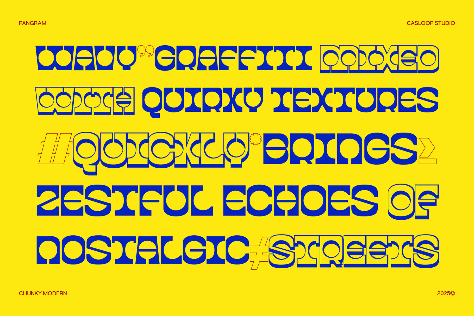 Bold blue geometric typeface on bright yellow background with circular cutout details