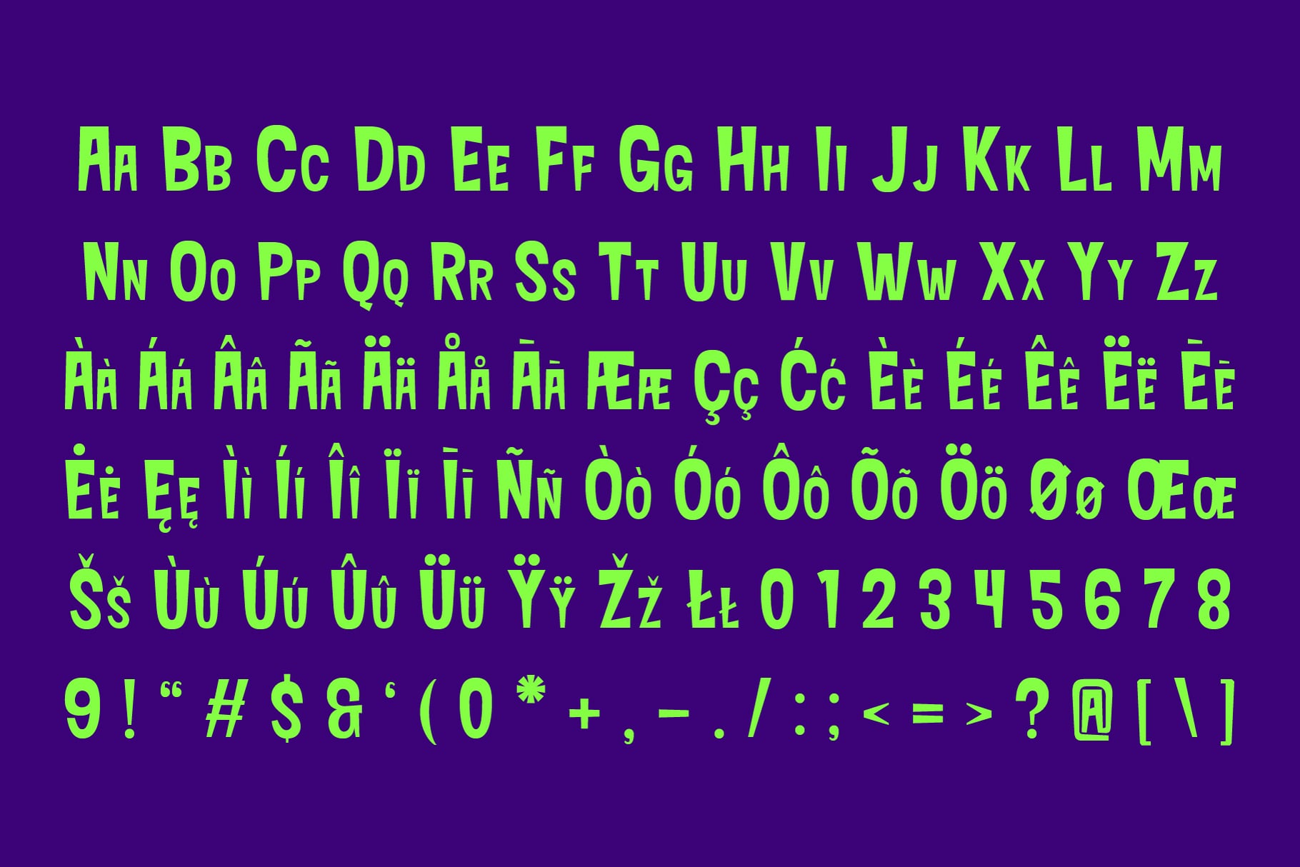 Neon green sans serif font with full character set on deep purple background