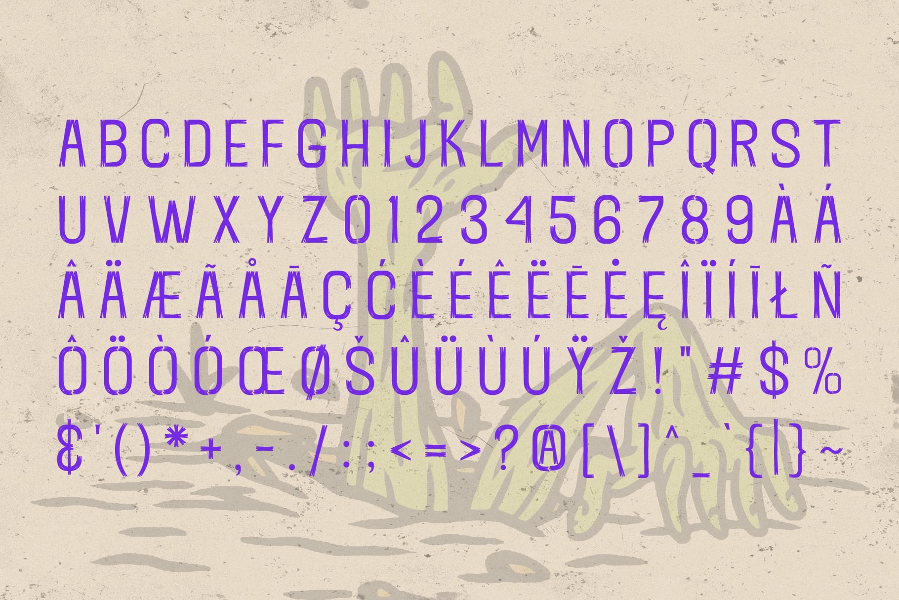Bright purple typeface showing full character set with accents, numbers, symbols on textured beige background with cactus illustration