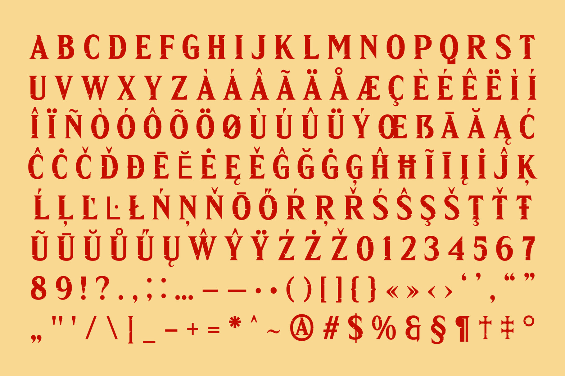 Bold red serif font with extended character set on cream background