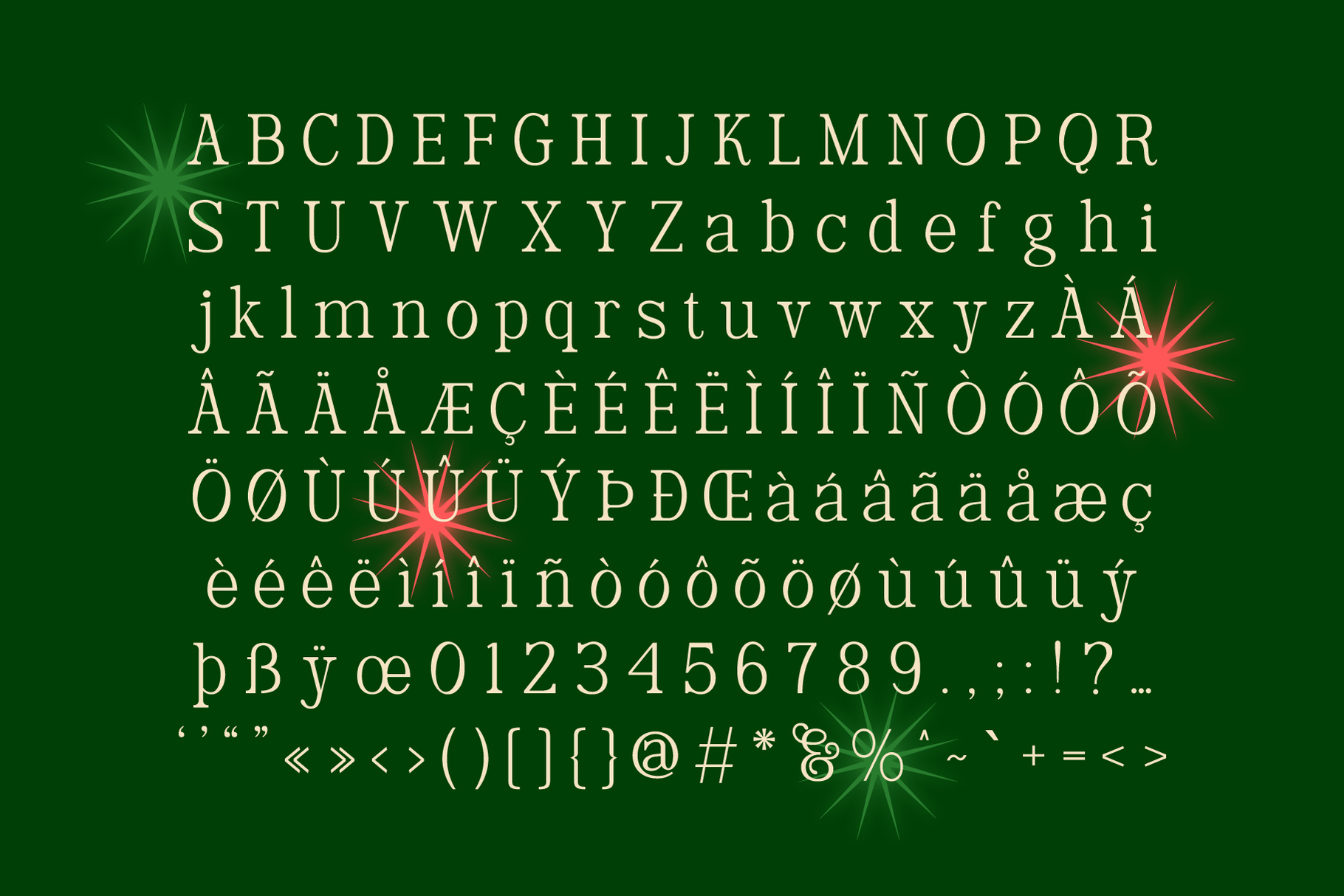 Elegant serif font with international characters, accents, numbers on deep green background with red starburst accents