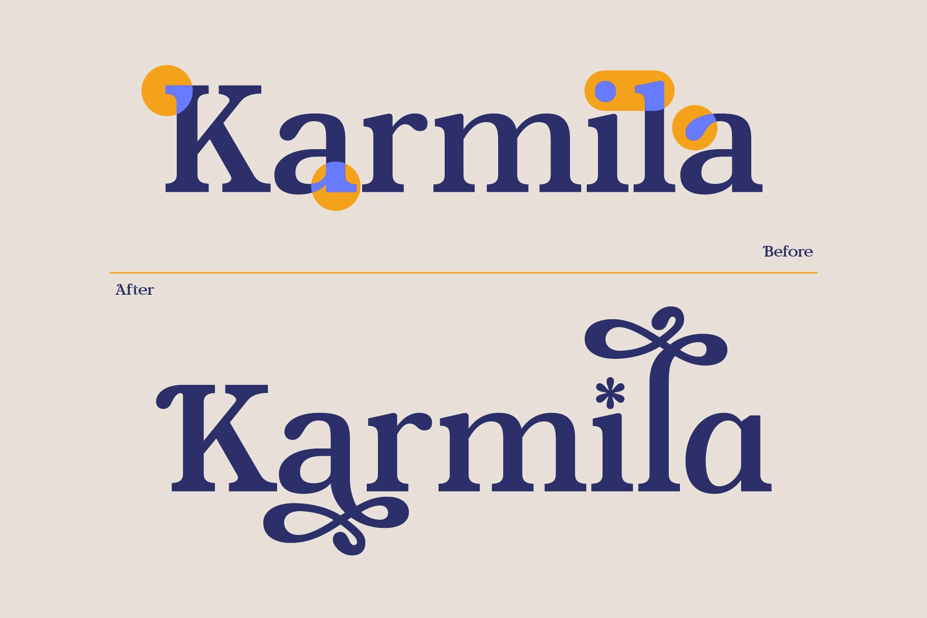 Karmila serif typeface with geometric circles before version, ornate flourishes after