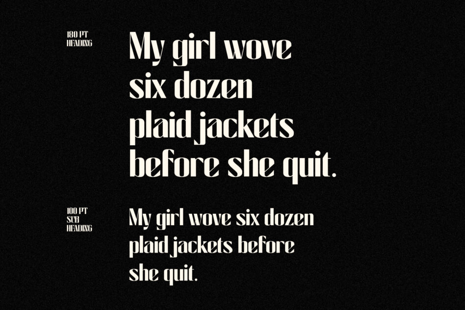 Bold serif font mockup showing headline in two sizes on black background with playful text about plaid jackets
