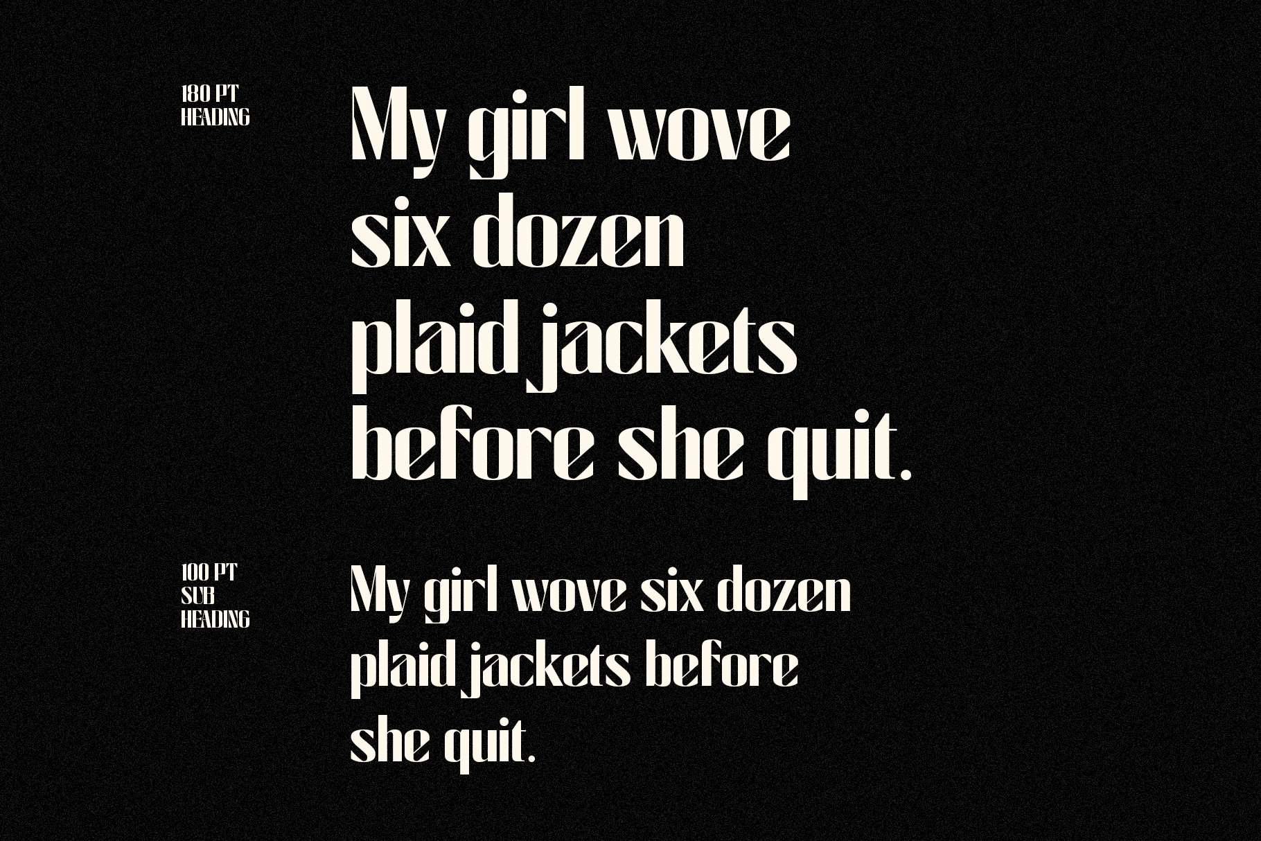 Bold serif font mockup showing headline in two sizes on black background with playful text about plaid jackets