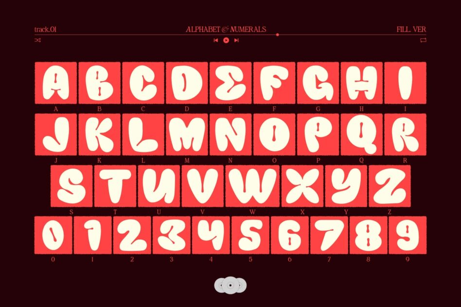 Bold retro font with full alphabet plus numbers in coral red squares on dark background