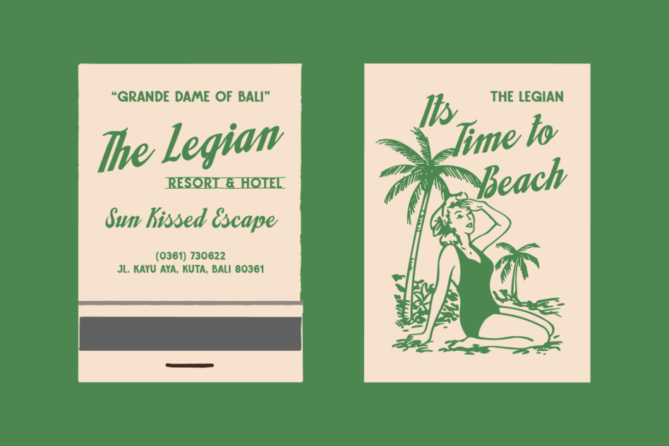 Vintage resort matchbook designs with retro pin-up girl illustration, palm trees, green typography on cream background