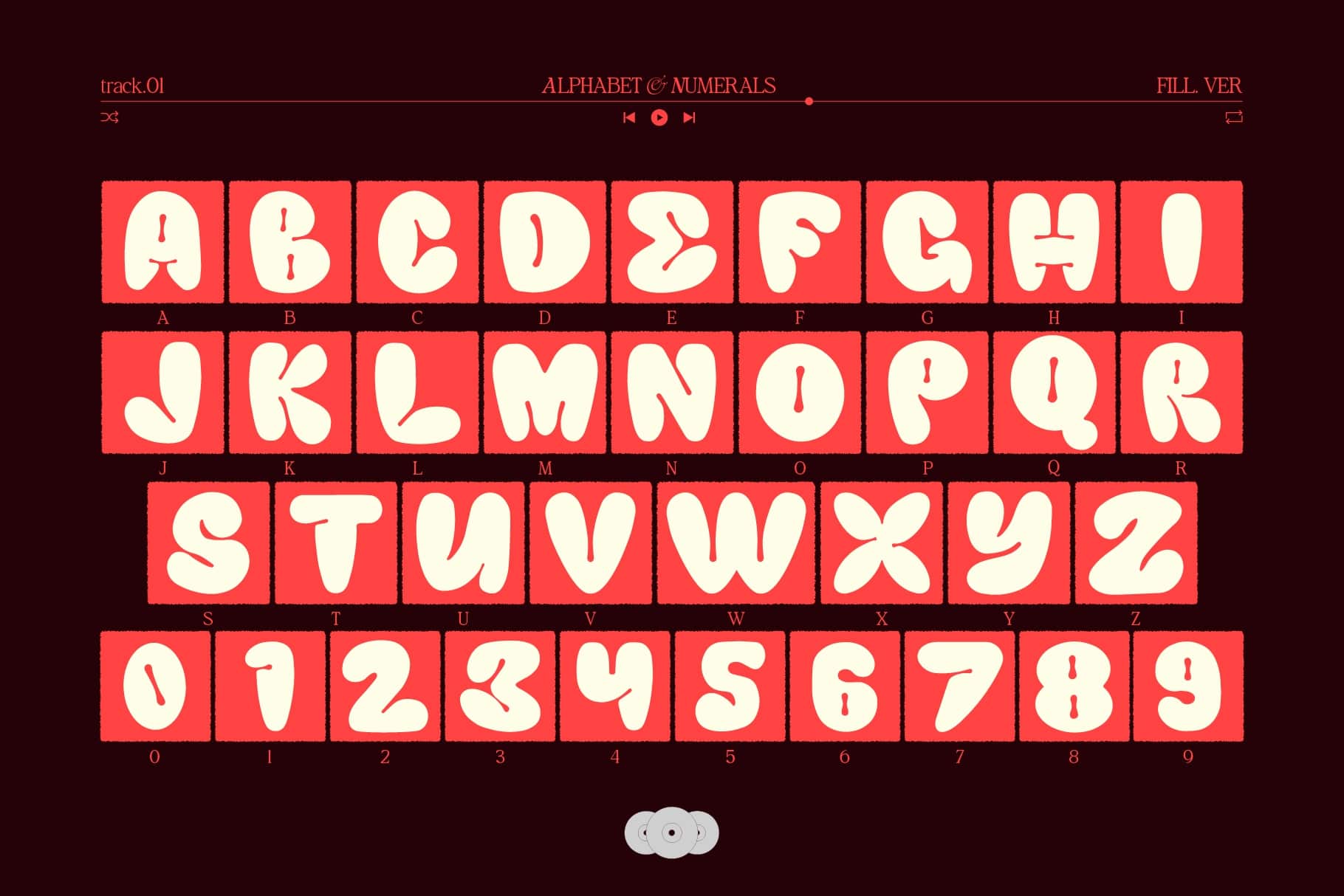 Bold retro font with full alphabet plus numbers in coral red squares on dark background