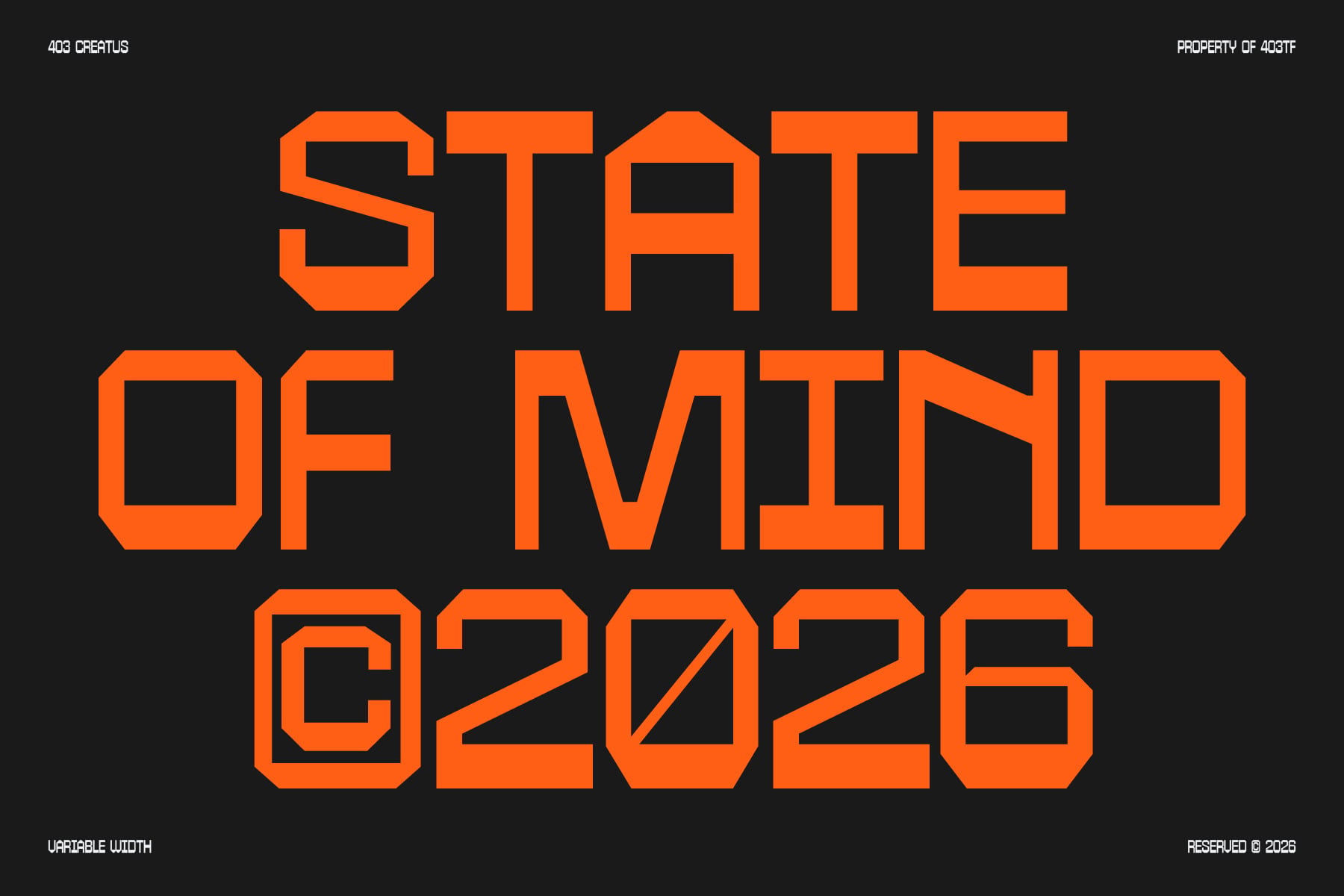Bold orange geometric typeface spelling "STATE OF MIND Q2026" on dark background