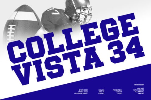 College Vista 34 sports poster mockup with football helmet, bold blue typography