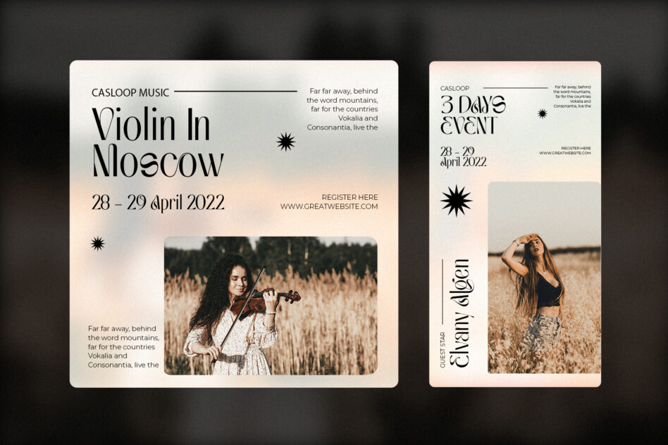 Minimal music event posters with serif type, star graphics, photo of violinist in wheat field