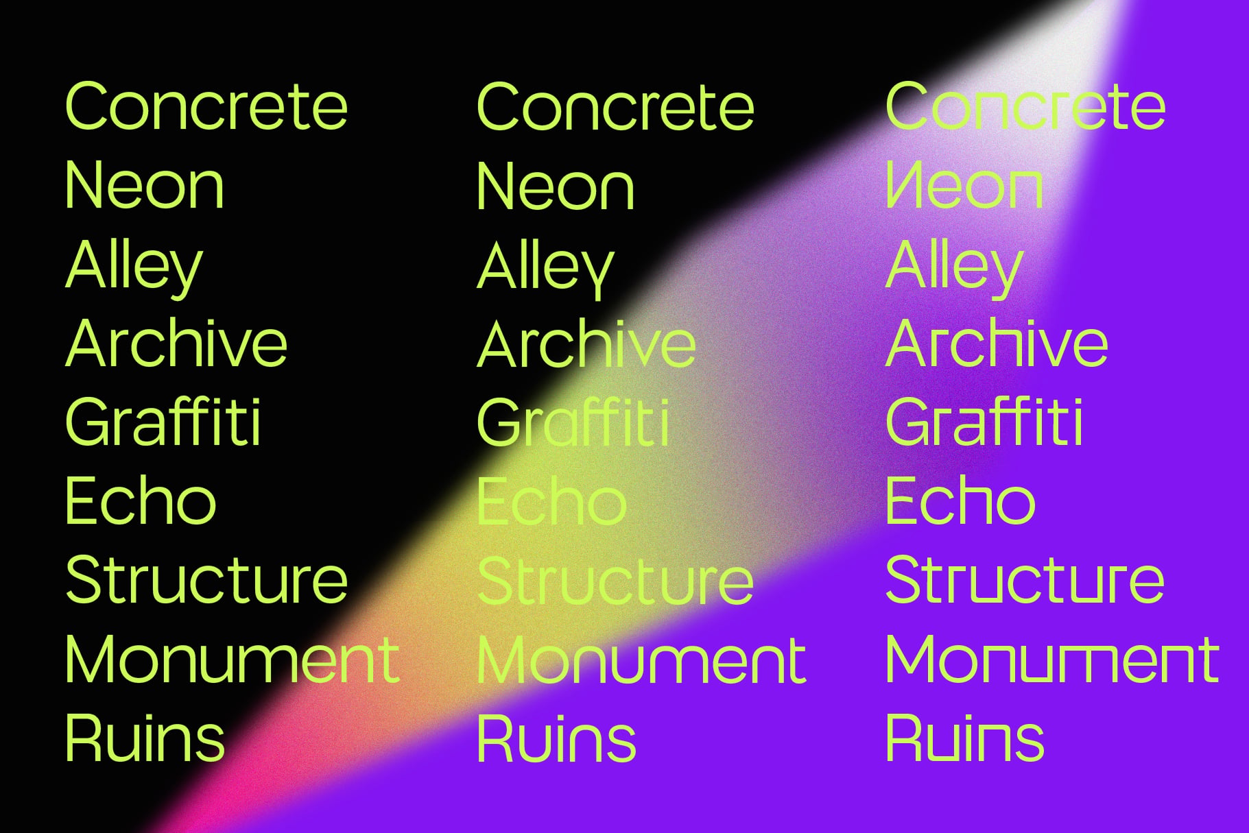 Neon font family display with bright lime green text on dark to purple gradient backgrounds