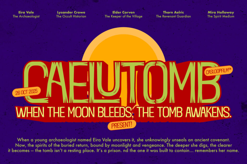 Retro horror movie poster with yellow title text, glowing moon, purple background, character names, tagline about awakening tombs
