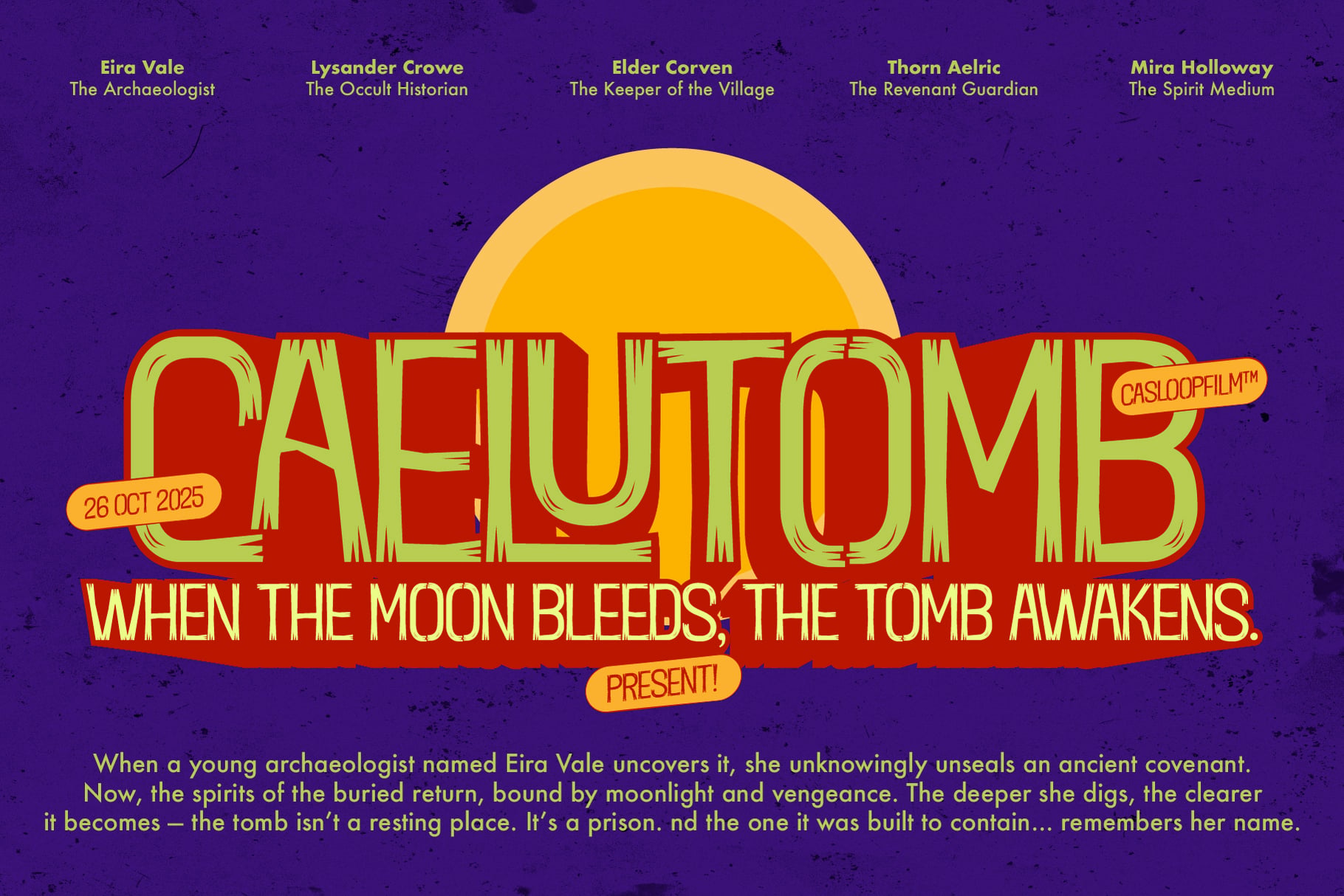 Retro horror movie poster with yellow title text, glowing moon, purple background, character names, tagline about awakening tombs