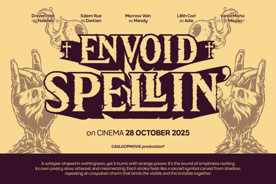 Envoid Spelin gothic movie poster with cream background, cast names, skulls, crosses, occult vibes
