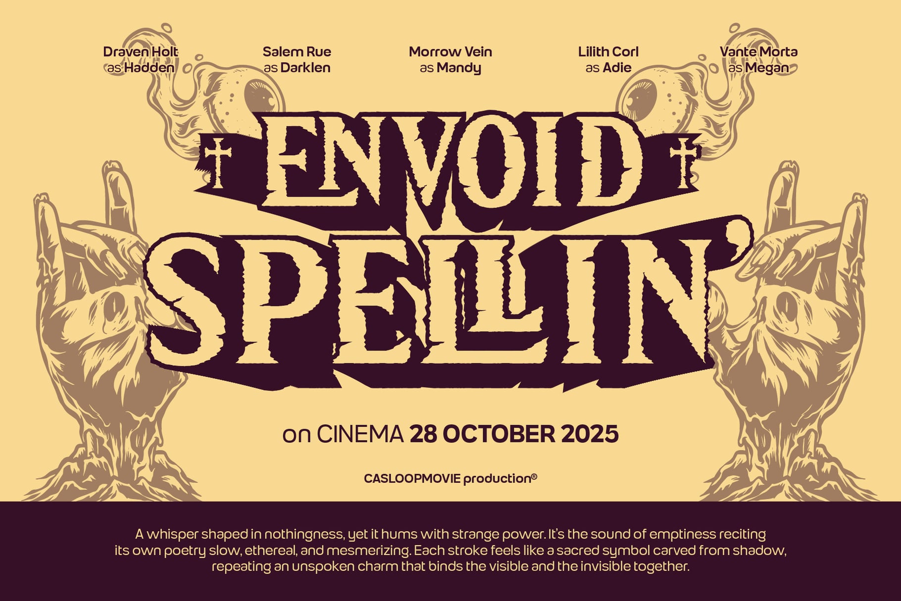 Envoid Spelin gothic movie poster with cream background, cast names, skulls, crosses, occult vibes