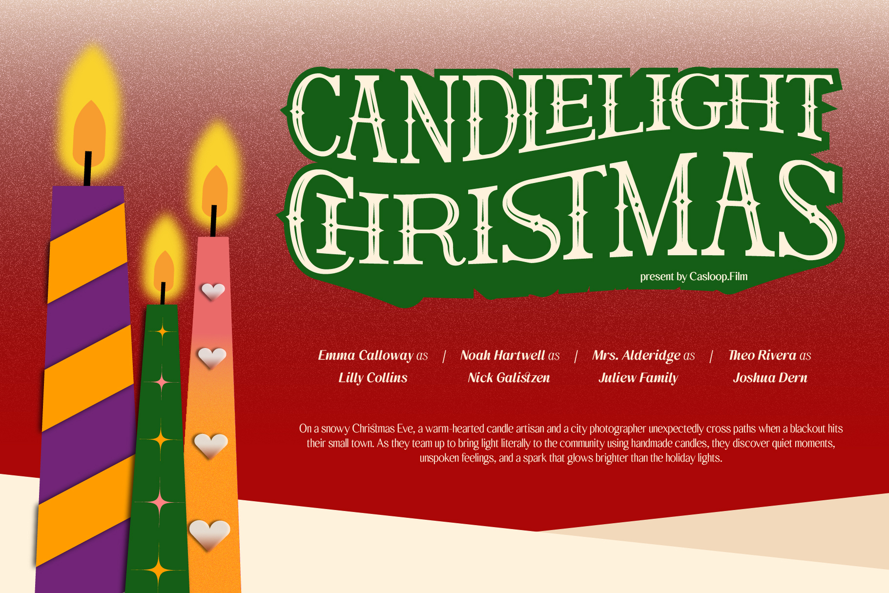 Retro Christmas movie poster with colorful striped candles, green title text, cast names, plot details on red background