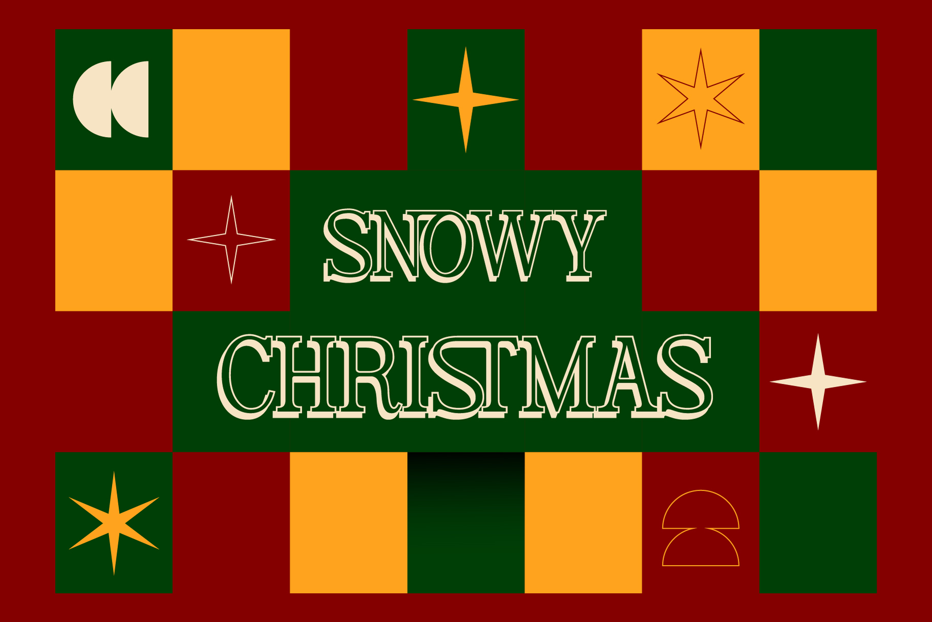 Retro Christmas poster with colorful grid layout, stars, geometric shapes in gold, green, red