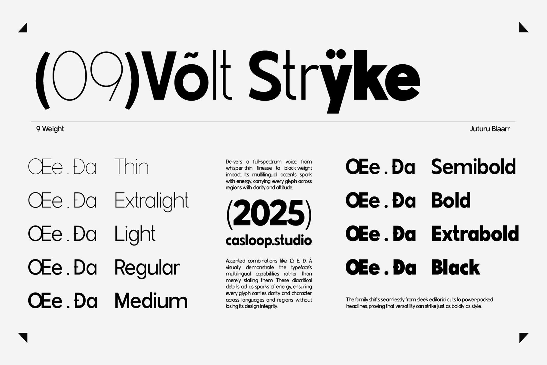 Volt Stryke font family showing 9 weights from thin to black with multilingual capabilities