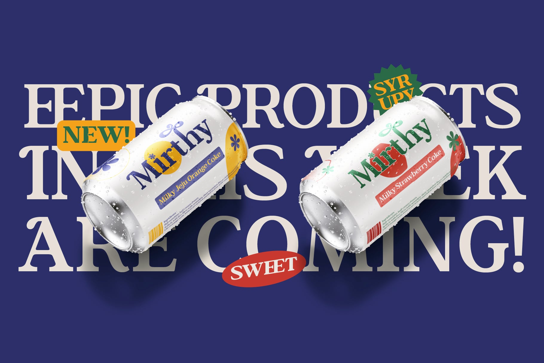Retro soda can mockup with orange plus strawberry flavors on navy type background