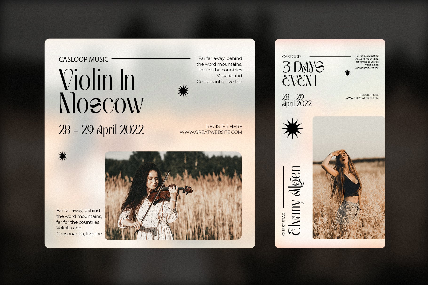 Minimal music event posters with serif type, star graphics, photo of violinist in wheat field