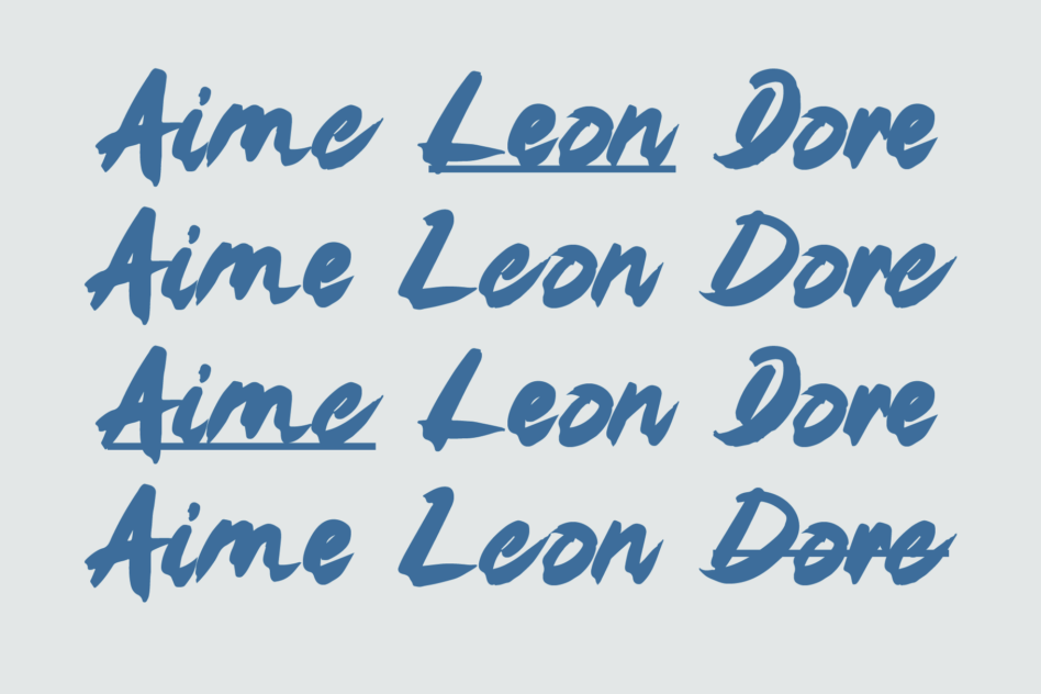 Handwritten script font in blue with underline variations on light gray background
