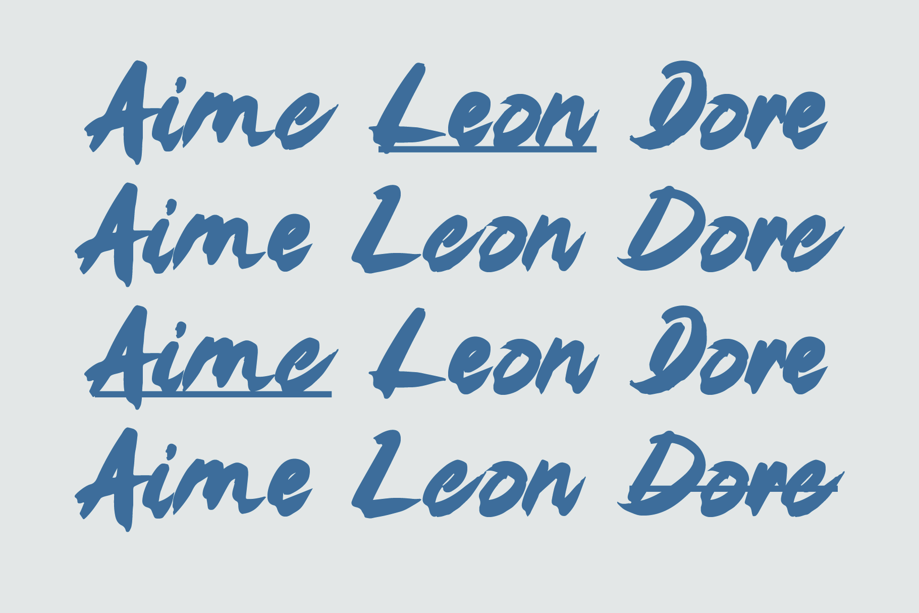 Handwritten script font in blue with underline variations on light gray background