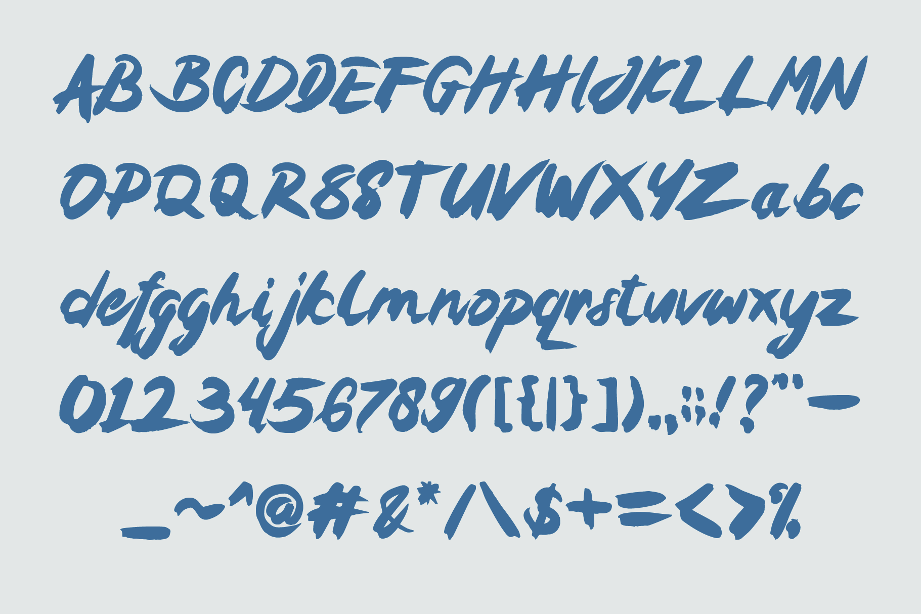 Brushy italic font with full character set including numbers, punctuation, symbols in teal blue