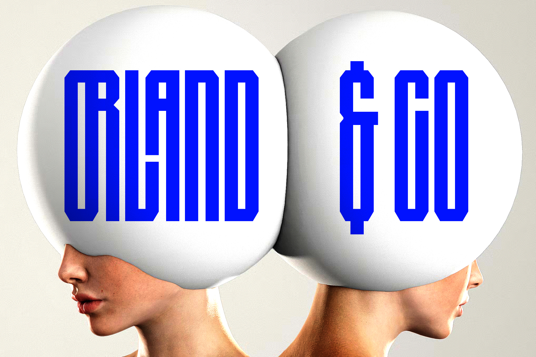 Two figures with giant white spheres for heads displaying bold blue text reading BRAND 4 GO