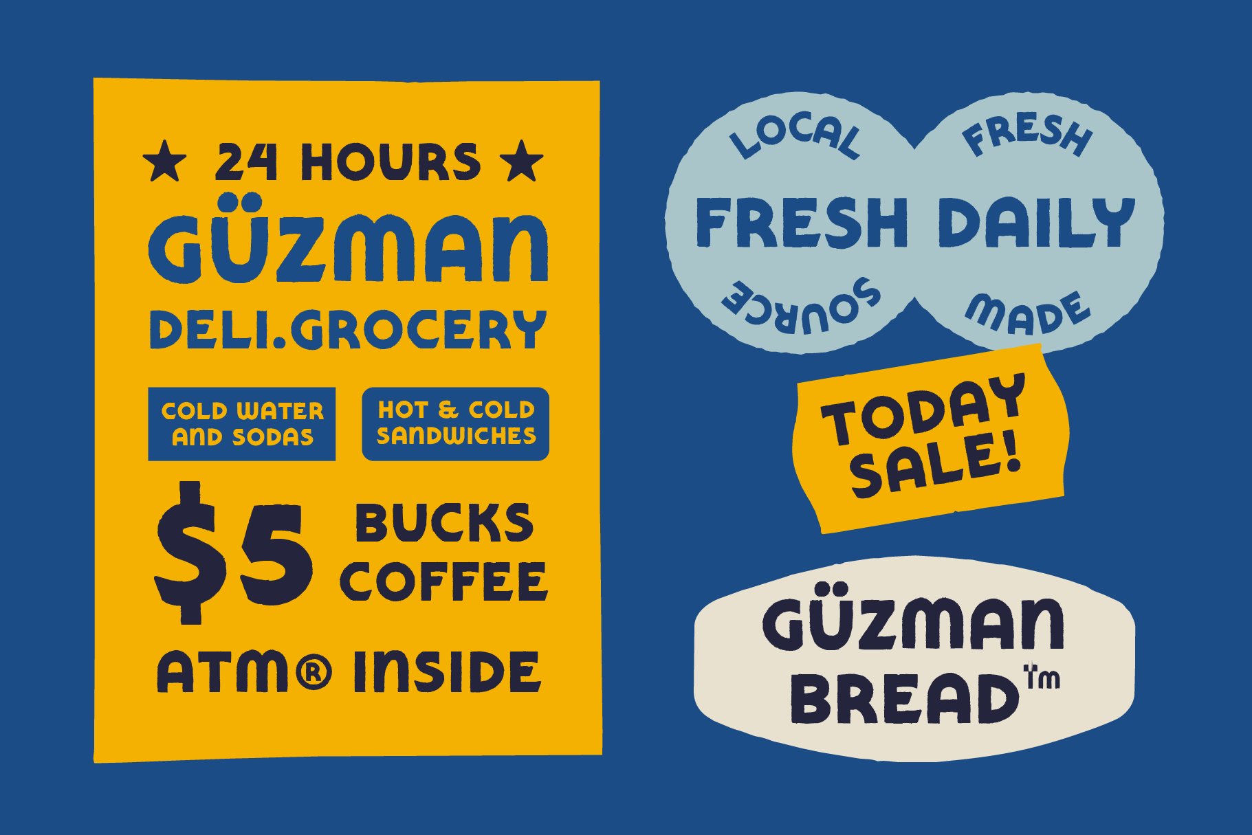 Retro deli signage mockup with yellow poster, blue speech bubbles, coffee deal, sandwiches