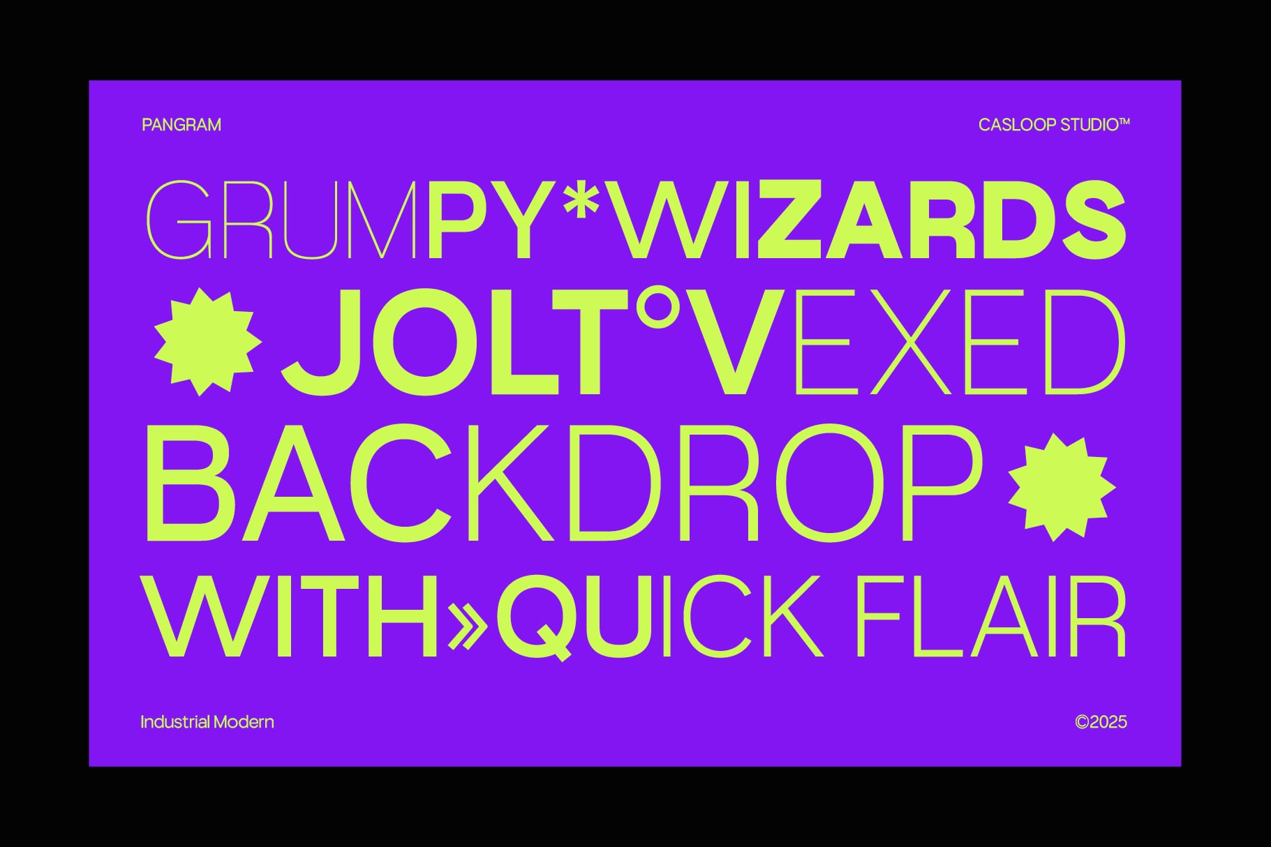 Neon yellow bold typography on vibrant purple background with star shapes, industrial modern vibe