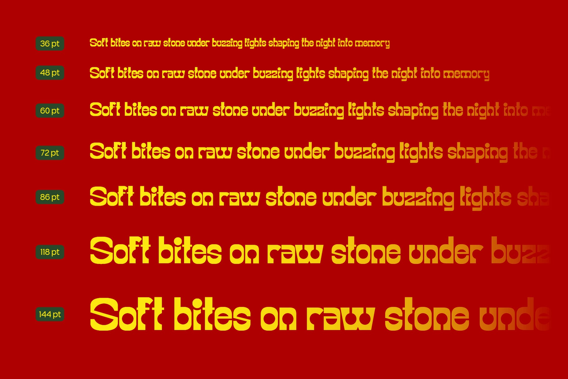Retro yellow serif font displayed in multiple sizes on bright red background