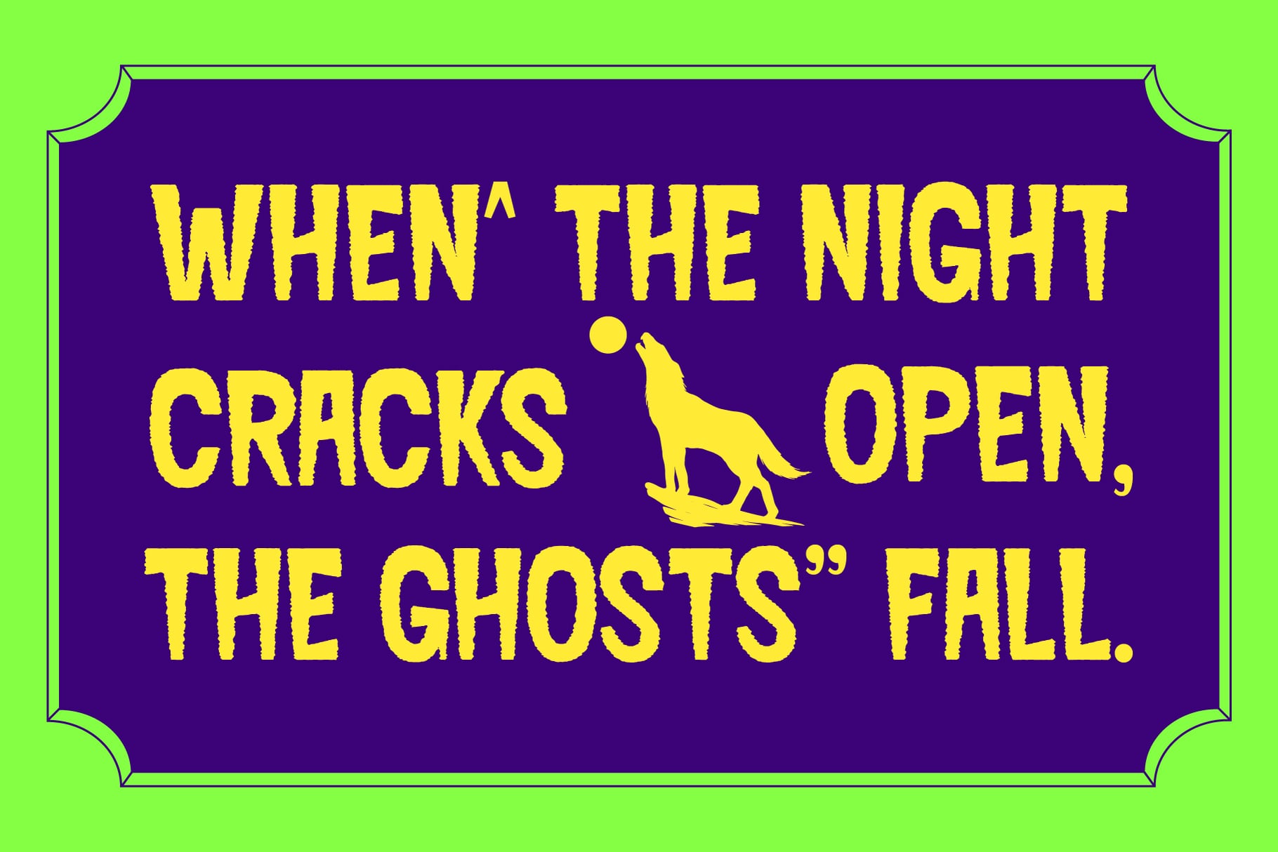 Retro spooky poster with yellow text on purple background, llama silhouette in center