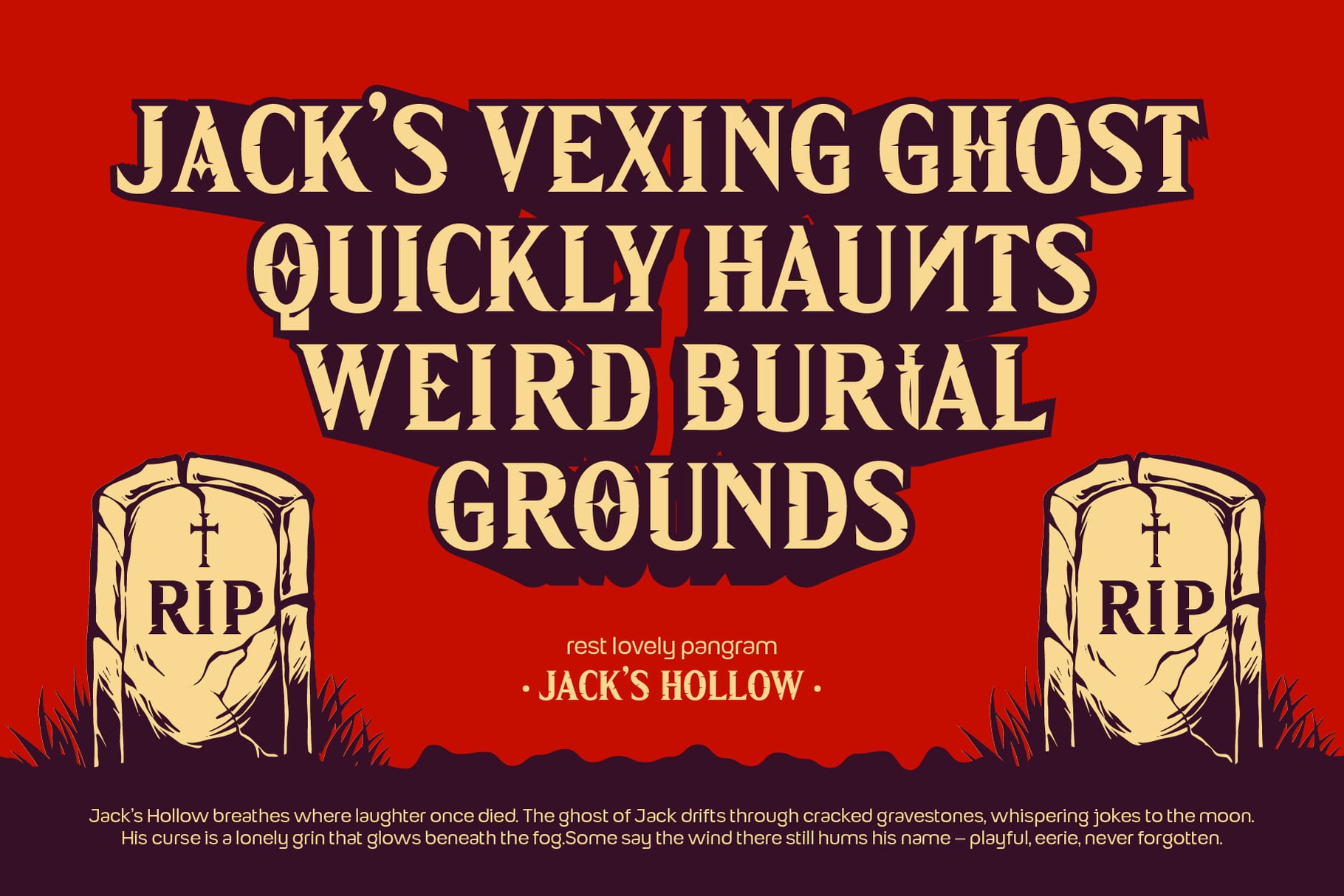 Spooky vintage poster with cream text on red background, tombstones, eerie vibes