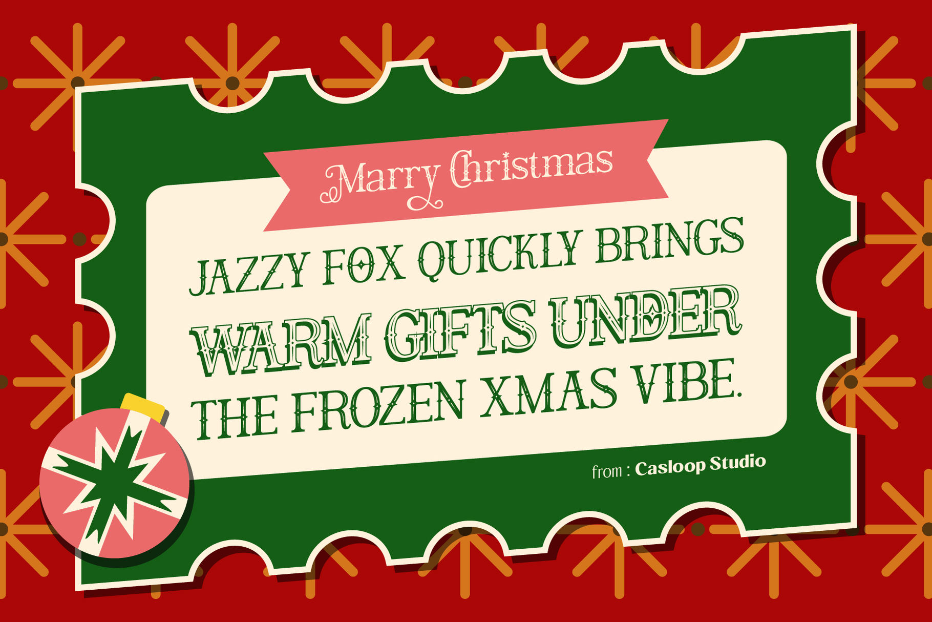 Retro Christmas card with green frame, red banner saying Merry Christmas, playful typography about warm gifts