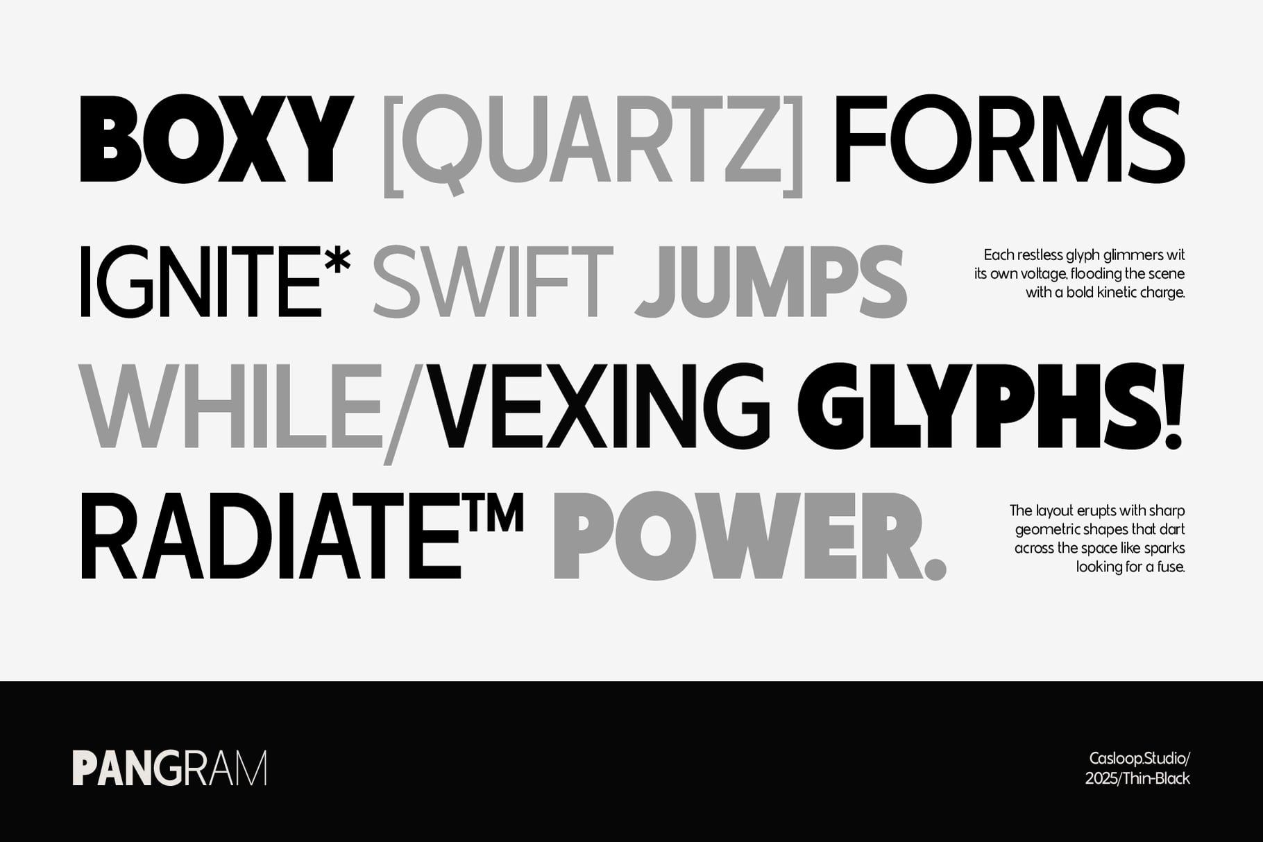 Bold typographic layout mixing black, gray fonts with geometric shapes scattered across a light background