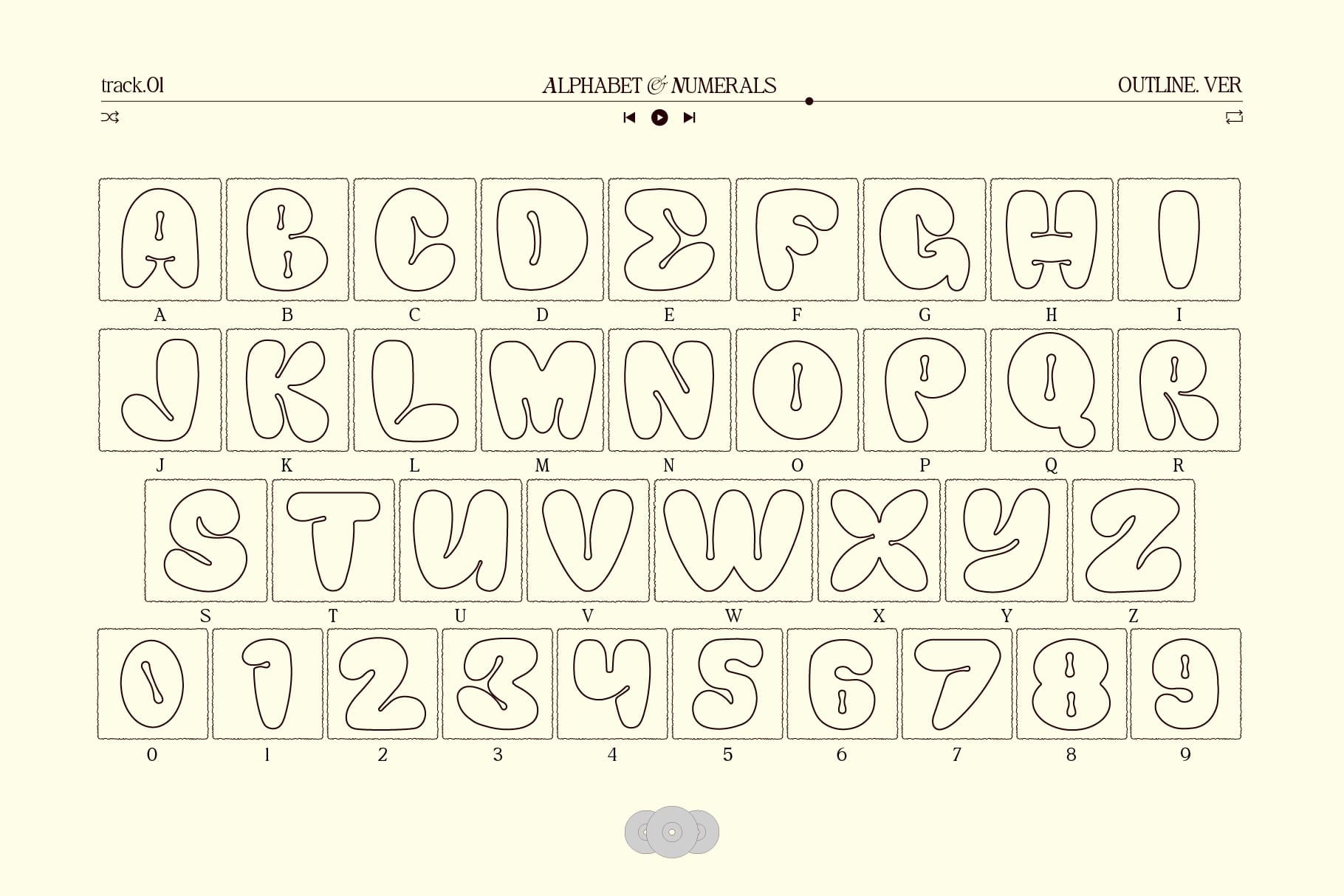 Outline typeface showing full alphabet A-Z plus numbers 0-9 in minimal line style