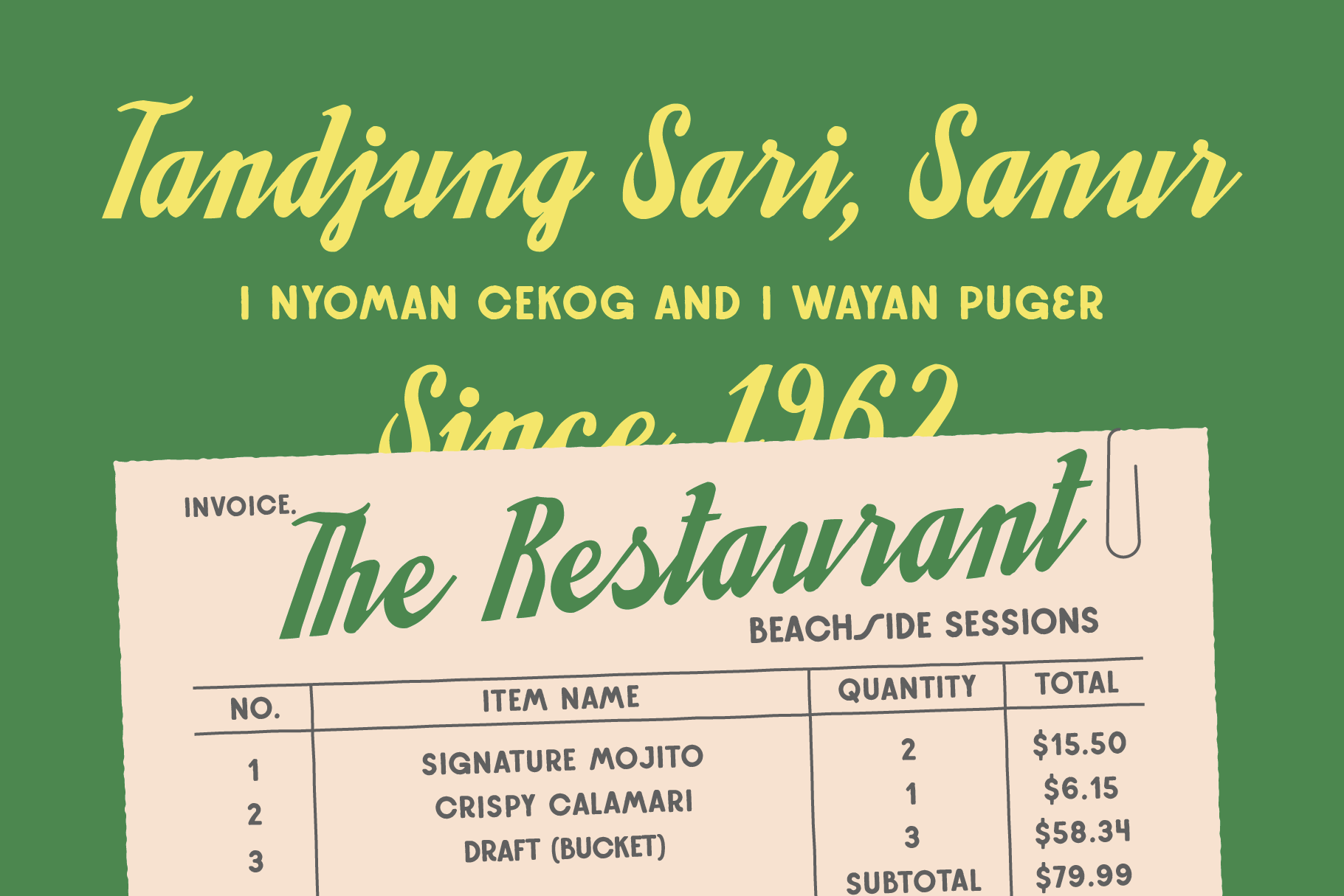 Retro restaurant invoice mockup with yellow serif type on green, cream receipt showing mojito, calamari, beer bucket prices