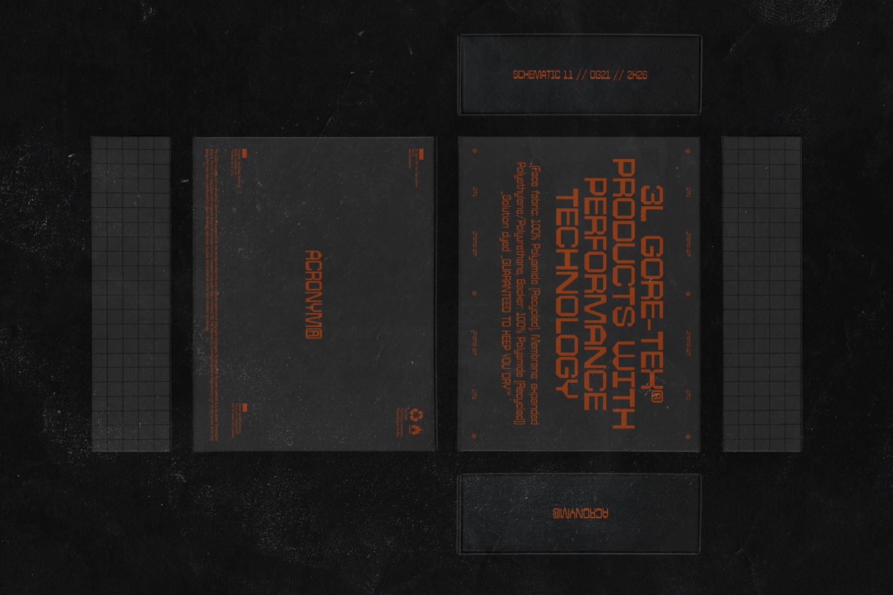 Dark tech branding mockup with orange text on black paper layouts, grungy texture overlay