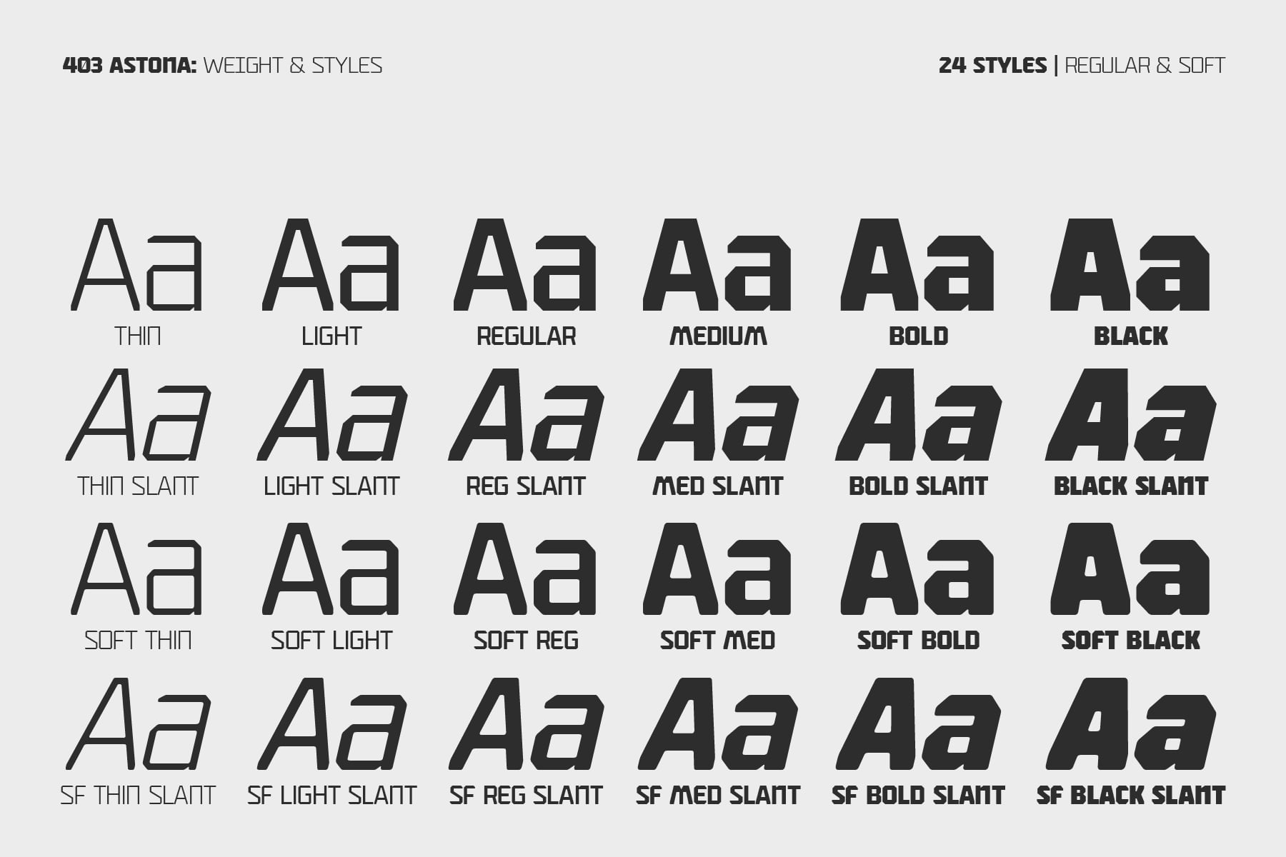 403 Astona font family showing 24 styles across weights, slants, soft variations